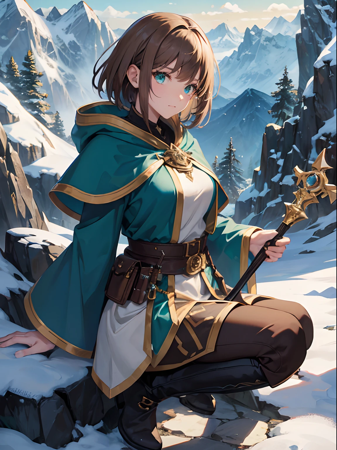 Close up, fantasy world, mountains, snow, rocks, woman, short light brown hair, green eyes, mage robes, boots, leggings, thick blue coat, staff, armour