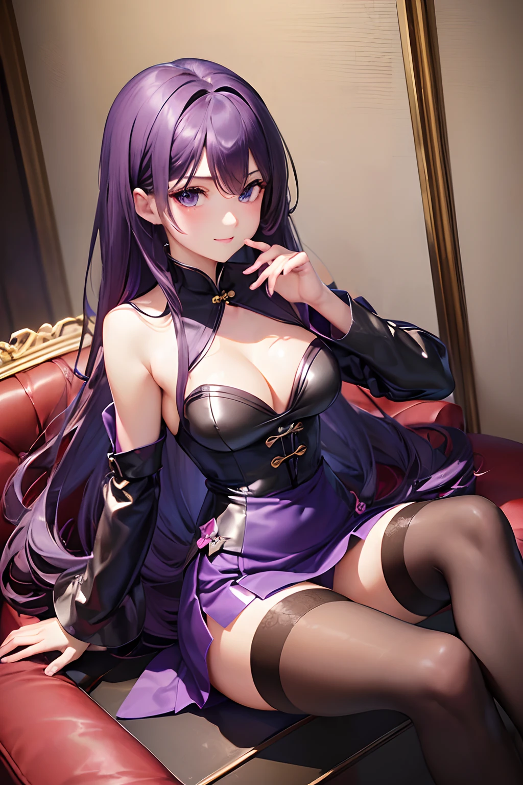 16ｋ,Raw photography,top-quality,hight resolution,Ray tracing,PBR Texture,Post-processing,),(((Purple leather china skirt , Cute Japan Anime Girl,魔法少女まどか☆マギカ,Homura Akemi,long wavy dark blue hair,Emphasize cleavage,bare hand,Thin leg,))),(finerly detailed face:1.4),(​masterpiece:1.4),(top-quality:1.4), Beautiful fine skin,(cute little:1.5),(Complex black stockings),pin heels,Leather luster 3.0,Beautiful skin,(Light purple bodycon),((tthin eyebrows,long eyelashes,smil,二重まぶた,)),Real Photo Stick,Sofa in the hotel lounge,No title required,Do not wear anything on your shoulders, Nasty figure, or hands,Thin beautiful legs,Staring from the front,Cheongsam with beautiful pattern,