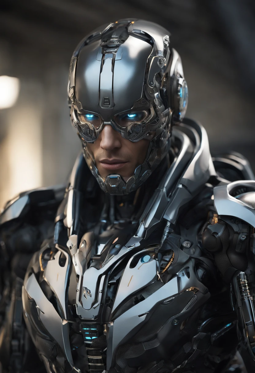 Generate detailed male human cyborg hybrids, This prompt is、Create a compelling depiction of a detailed human cyborg hybrid, Exhibits a seamless fusion of organic, mechanical and cybernetic elements. Fighter-class cyborgs must have advanced technology, Seamless integration with its biological features, As a result、Become a formidable visual stunning that captures the imagination. With this unique design that balances the natural world with cutting-edge technology,