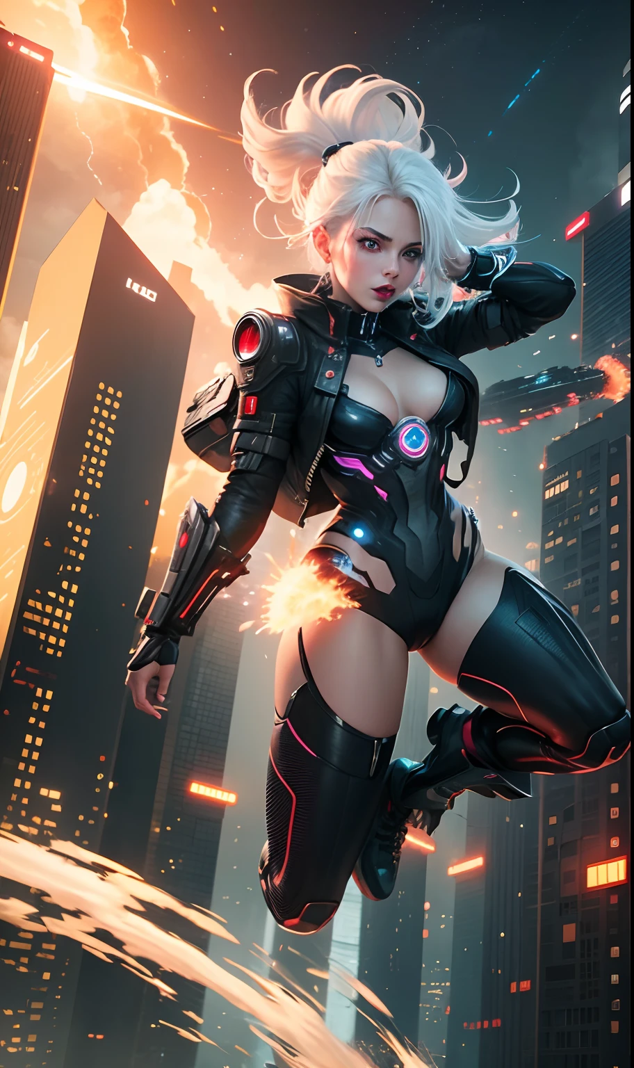 A girl jumping on the night city, 1 girl, white hair, blue eyes, red lips, Beautiful girl, flying, Futuristic city, Night, Explosion, Fire effects, cinematic lighting, Night, cyberpunk theme, Amazing, Best quality, extremely detailed, 8k resolution, realistic, Ultra