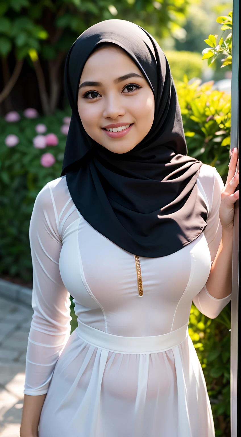 1 malay girl , modern plain hijab, shy, medium portrait shot , watery eyes , RAW, Best quality, high resolution, Masterpiece: 1.3), Beautiful Malay woman in hijab, Masterpiece, Perfect slim body, ((Big breasts)), Beautiful big eyes, Soft smile, (wearing baju kurung), smiling, windy, skin details, skin texture details, wide hips, thick thighs, sexy body, morning time, laughing, happy, bright sunlight, flower garden path, blurred background, bokeh,