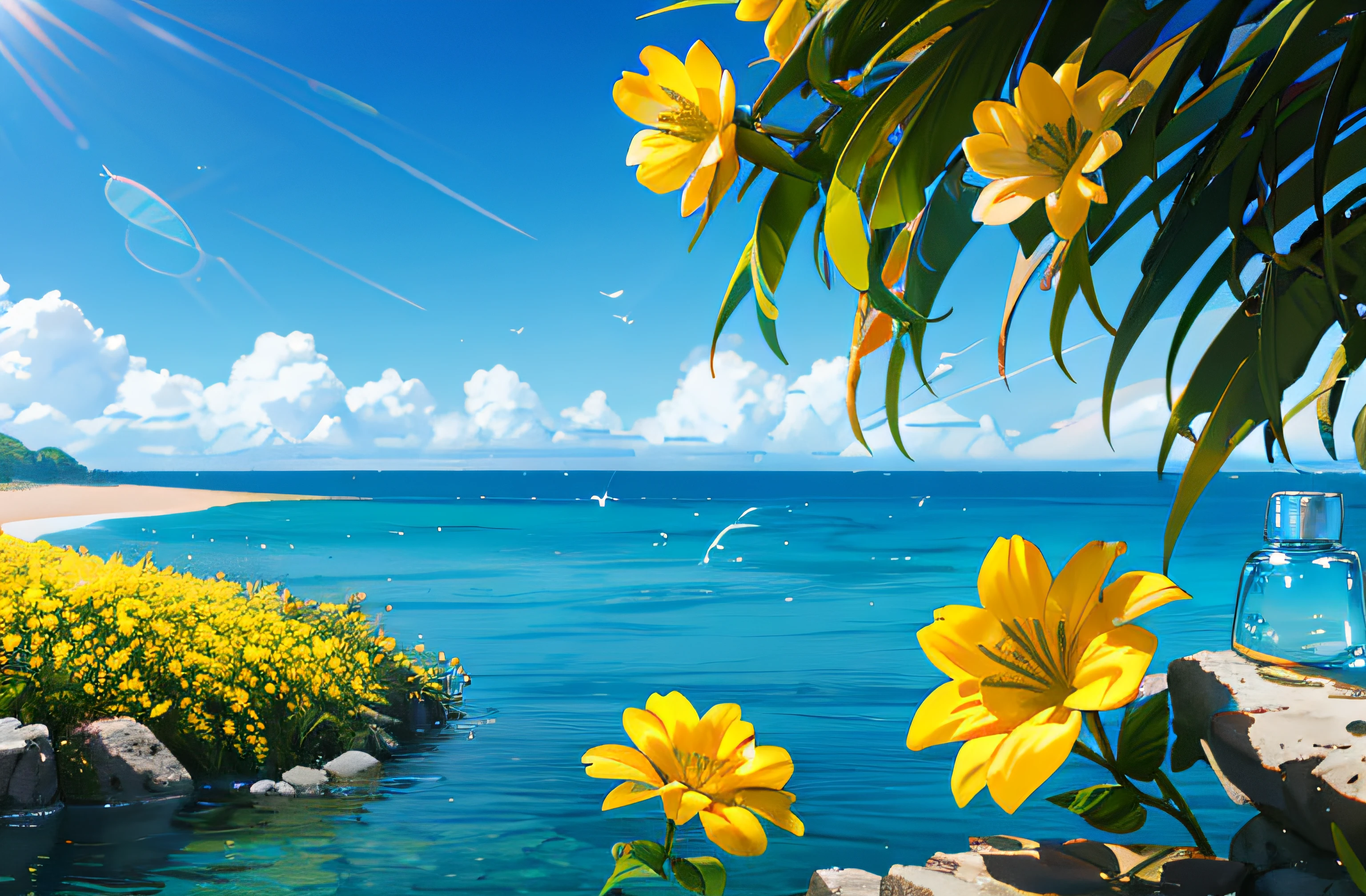Hyper realistic scene, cosmetic bottle surrounded by yellow flowers, blue sky background, water, sunlight, low angle view, blender, product rendering, HD 8K. --v6