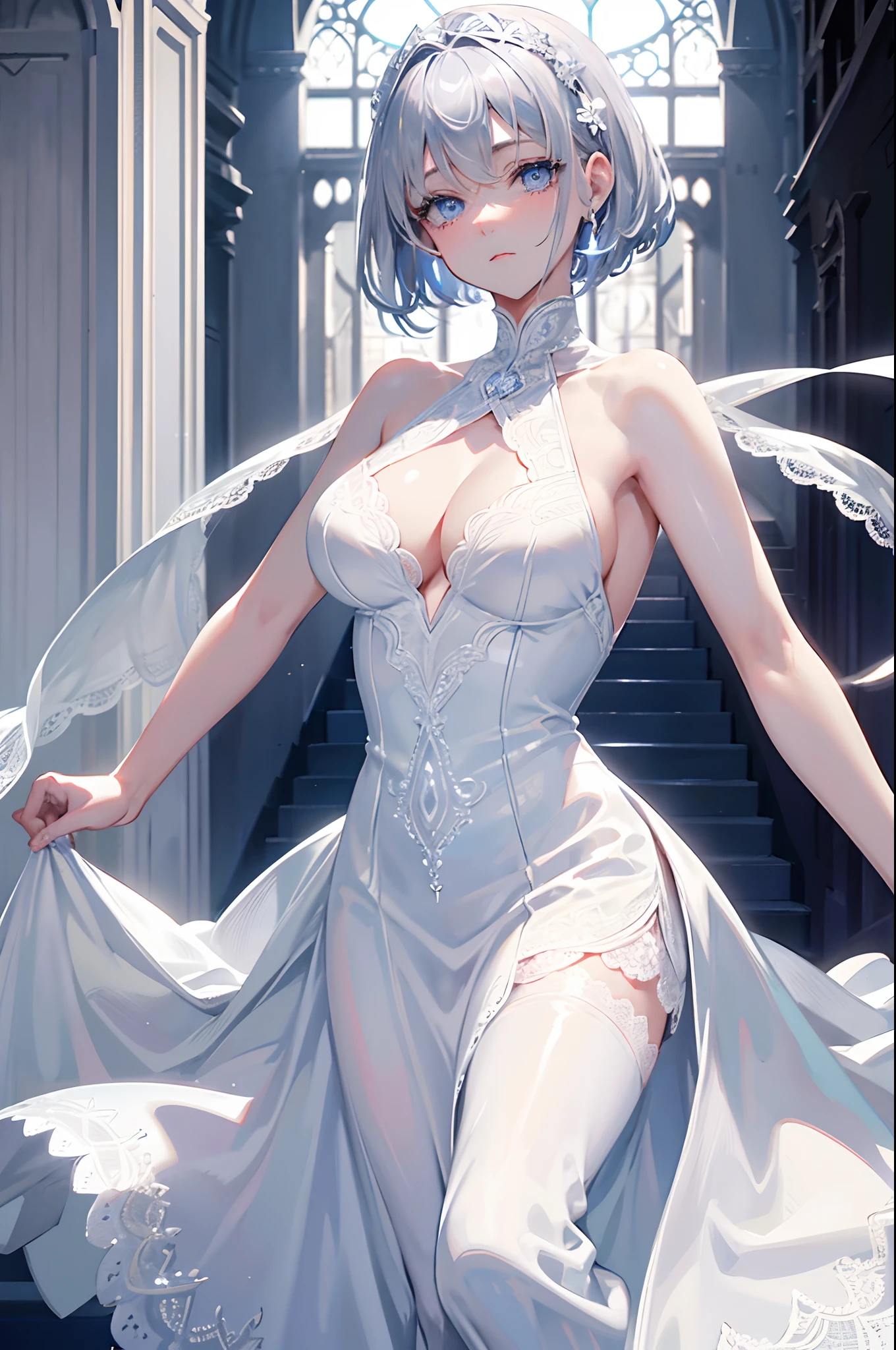 silber hair blue eyess in a castle Short hair White lace dress Two shots with the prince masterpiece Top image quality Clear cinematic shadow Increased attractiveness of the eyes Clear the shine of the eyes Draw eyelashes neatly Perfect Eye A detailed eye Sharpen image quality Sharpen eye writing Clear eye shape