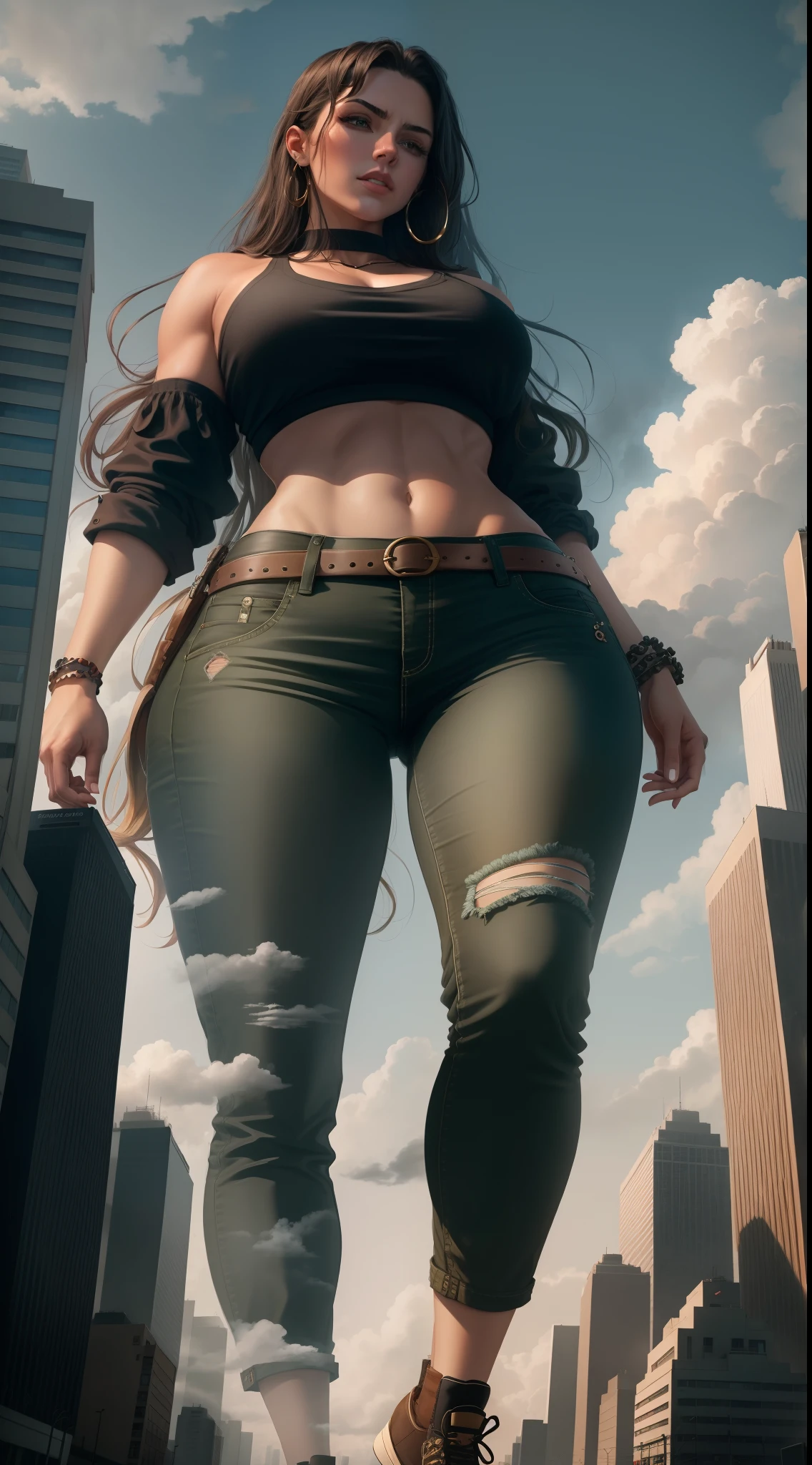 "A tall giant with a cool, relaxed hippie look in a crop top and baggy pants.. Her toned physique suggests her great strength.. She appears to be taking a leisurely stroll through the bustling streets of GTS City., The buildings towering above. Smoke and clouds swirling around her, Enhance the grand scale and drama. 照明がdark, dark, Realistic, Create a tense and ominous atmosphere. Perspective from the bottom, Emphasizing the majesty and power of giants."、Camel Toe、Giant tit、Nipple Puffs、Cleavage、Plump、Super big breasts、Super big butt