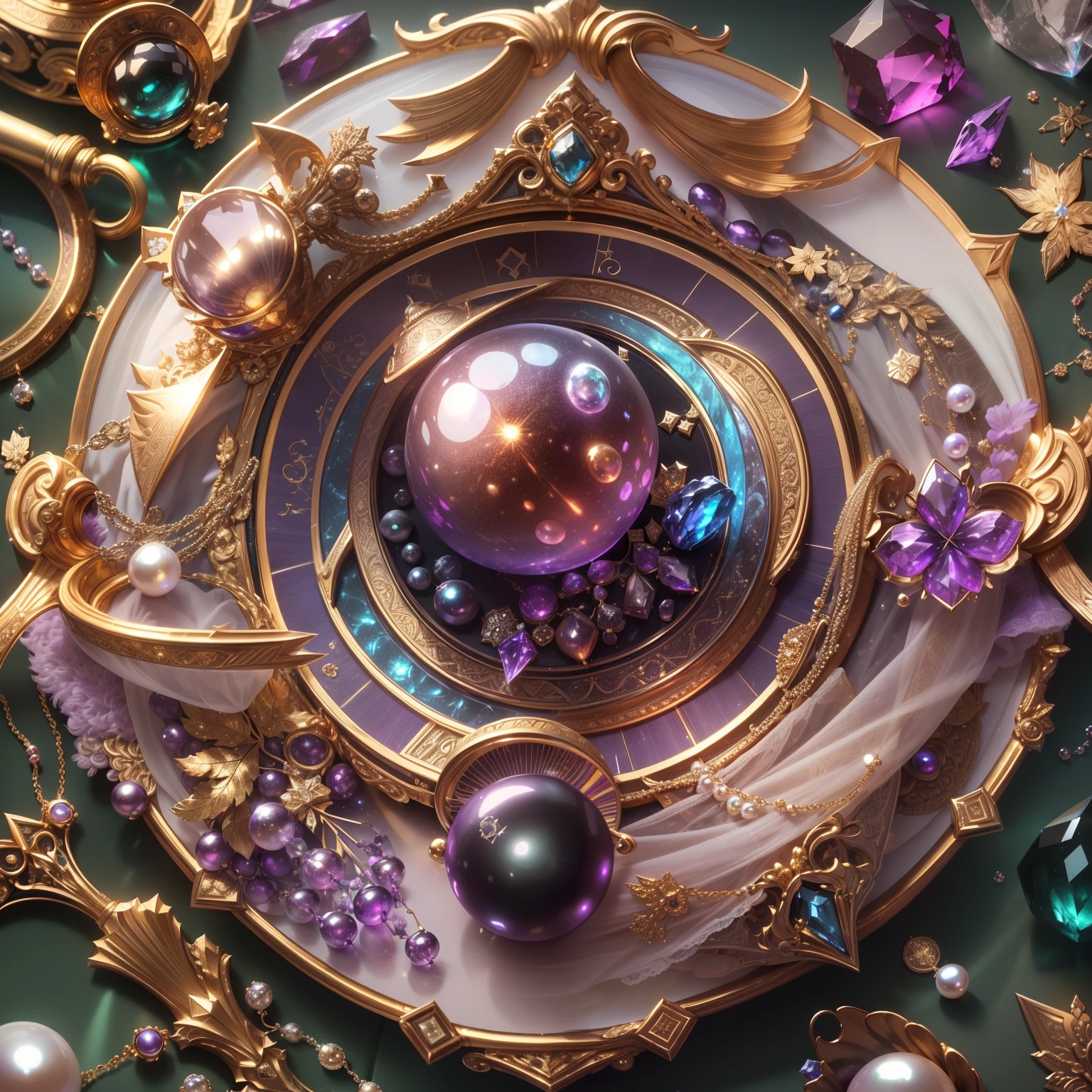 in the style of futurism,(Full Focus:2),(Everything is laid out the window:1.3),(Luxurious silk|medal|Hours|Luxury weapons|obsidian|pearls|Hisui|White jade|amethyst|Sapphires|jewelry made of gold|Silverware|Purple gold|Magic jewelry|antiquarian|The Red Pearl|diamond|Topaz|:2),Magic symbols,The effect of magic particles of light,High-tech luxury, Expensive jewelry,,Expensive metals,Luxury,Puzzles are forbidden, Detailed and complex background, sparkly, reflection light, Гипер HD, Award-winning, hight resolution, high detail, chiaroscuro, Cinematic lighting, Masterpiece, ray traced,Structurally correct, super detaill, hiquality, High Details, Best Quality, 16k