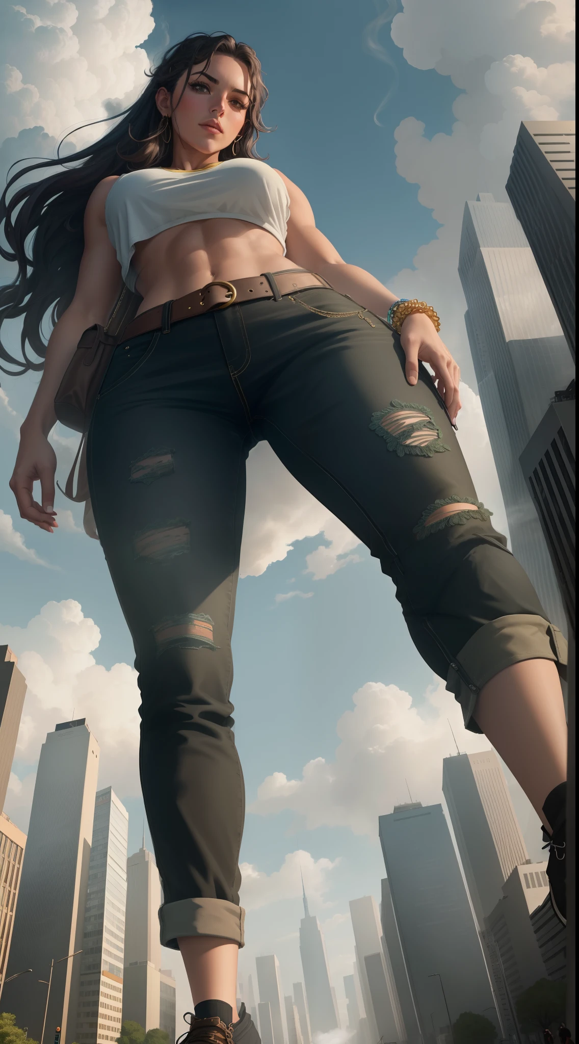 "A towering Giantess in a cool and laid-back hippie style is rocking a crop top and baggy pants. Her toned and athletic build hints at her massive strength. She seems to be casually strolling through the bustling cityscape of GTS City, as towering buildings loom overhead. Smoke and clouds roil around her, adding to the sense of epic scale and drama. The lighting is dark, gloomy, and realistic, creating a tense and ominous atmosphere. The perspective is from below, emphasizing the sheer majesty and power of the Giantess."