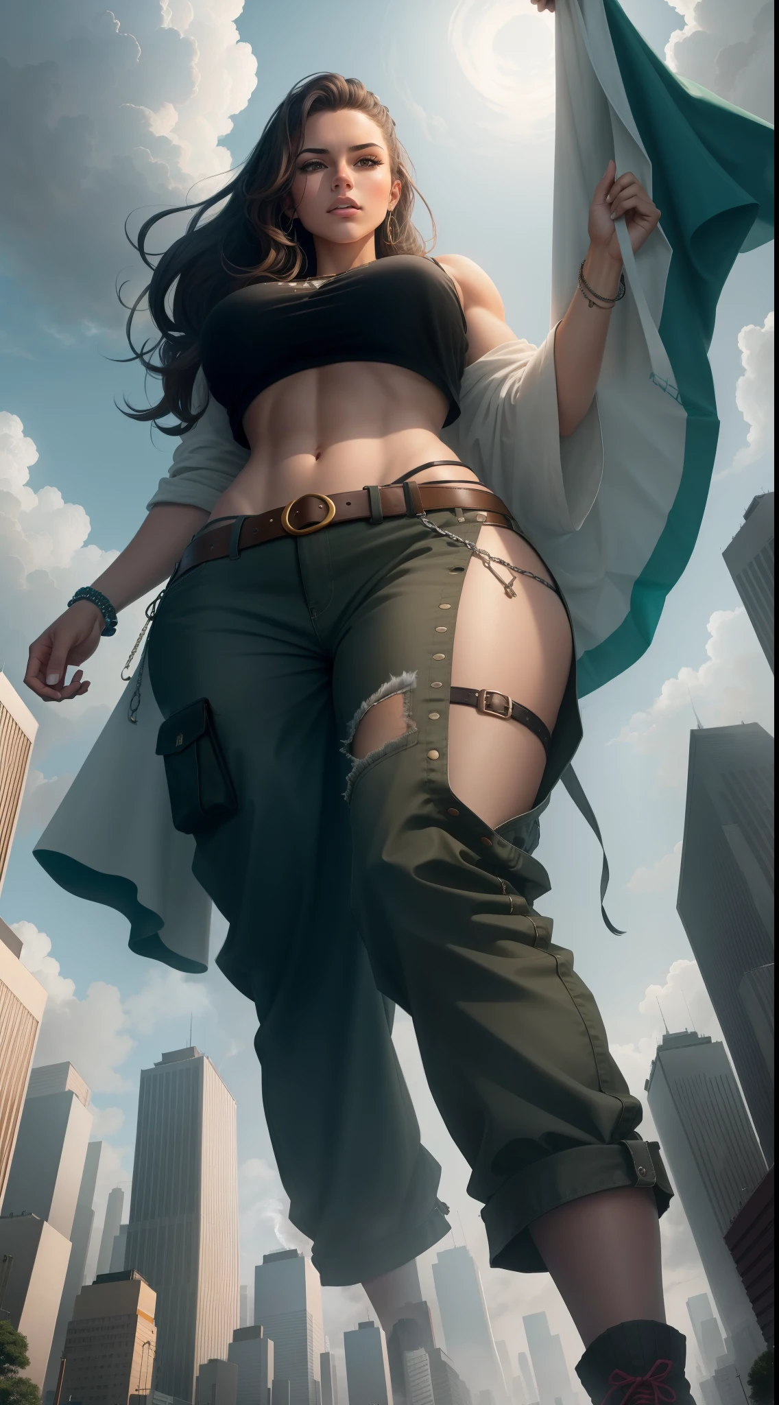 "A towering Giantess in a cool and laid-back hippie style is rocking a crop top and baggy pants. Her toned and athletic build hints at her massive strength. She seems to be casually strolling through the bustling cityscape of GTS City, as towering buildings loom overhead. Smoke and clouds roil around her, adding to the sense of epic scale and drama. The lighting is dark, gloomy, and realistic, creating a tense and ominous atmosphere. The perspective is from below, emphasizing the sheer majesty and power of the Giantess."