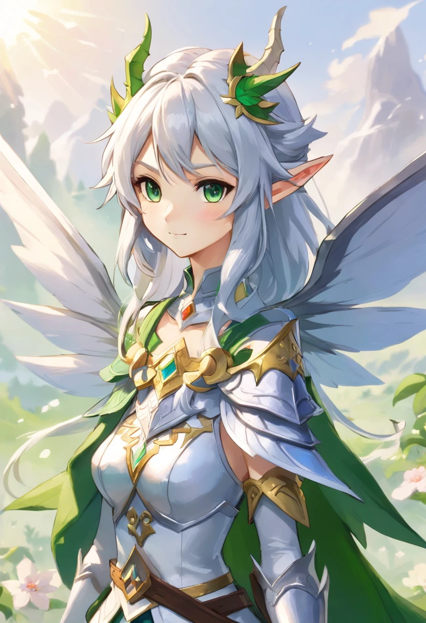 Fairy, silver hair, green dragon-like armor, white dragon-fairy wings, grey dragon-like mask, masterpiece, best quality