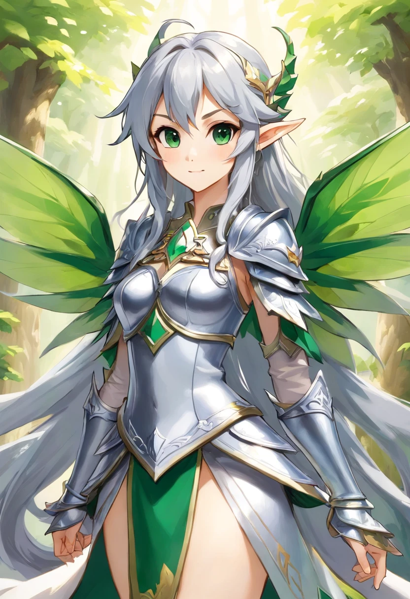 Fairy, silver hair, green dragon-like armor, white dragon-fairy wings, grey dragon-like mask, masterpiece, best quality