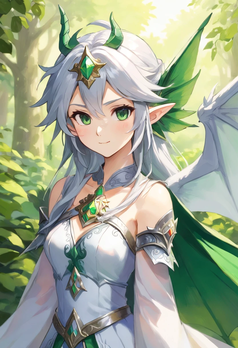 Fairy, silver hair, green dragon-like armor, white dragon-fairy wings, grey dragon-like mask, masterpiece, best quality