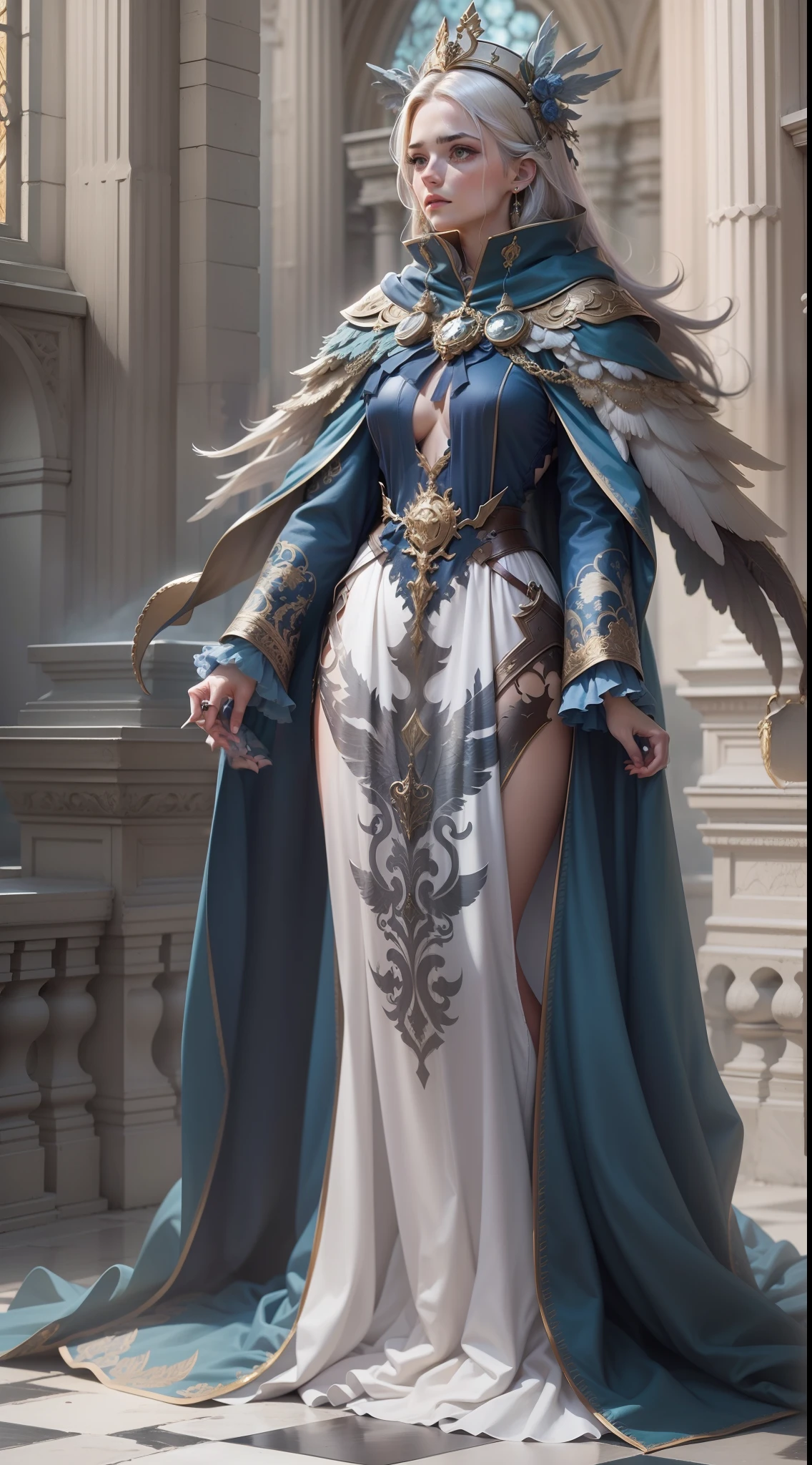 Jessica Green Gesicht, winged, Engel, ((Full-body CGInft)), Extrem detailliertes 8k-Hintergrundbild, kompliziert, detailreich, dramatisch, episch, Blondes helles Haar, the winged Albin queen wears very detailed shoulder pads made of black steel, which are modeled after the heads of dragons and are decorated with distinctive shimmering silver decorations and ornaments, a dark gray cape with velvet blue lining and a large hood, die tief in die anmutige, finsteres Gesicht, nur die Blauen Augen leuchten unter der Kapuze hervor, Es hat ein extrem detailliertes Grau/white feathered angel wings on the back, Rahmung sie schimmernd und anmutig , wahnsinnig realistischen Grafiken, wahnsinnig detaillierten Details, Ultrarealistisches und sehr detailliertes schwarzes, langes, figure-hugging royal dress, das bis zum Boden reicht, the long sleeves are decorated with shiny silver embellishments and pronounced gold embroidery and white lace on the hem and neckline of the dress, Extrem detaillierte, schwere schwarze Lederstiefel mit markanten silber schimmernden Verzierungen und Verzierungen, das Licht wird von den Verzierungen reflektiert, sie geht anmutig den Gang des Schlosses entlang, during the leisurely walk through the gloomy cathedral, Lichtkegel scheinen durch die hohen Fenster des Doms, auf ihrem Kleid, a blue rose blossom protrudes from her chest,