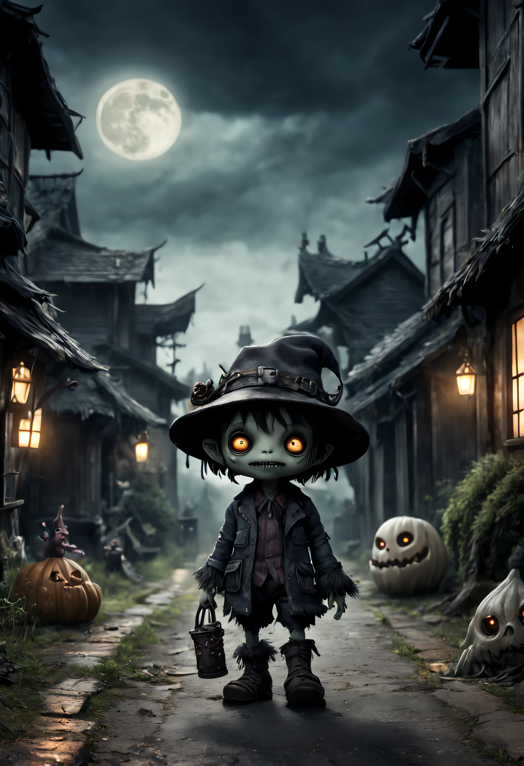 A Halloween-themed chibi-ET-style-alien creature, wore straw hat, shabby clothes and damaged boot, made of black leather, walking with horrified accessories, dark alley, burned down fantasy-village, filled with magic, very dark night, cloudy dark sky, a moonlight without stars, shadow of bats, (((ghosts))) and (((monster))) around, the shadow of dead trees adds to a spooky scene, cinematic, (by Tim Burton&Guillermo del Toro&Steven Spielberg&Junji Ito), dark colors, creepy mood, featured on Netflix, outdoor scene, realistic details, high resolution