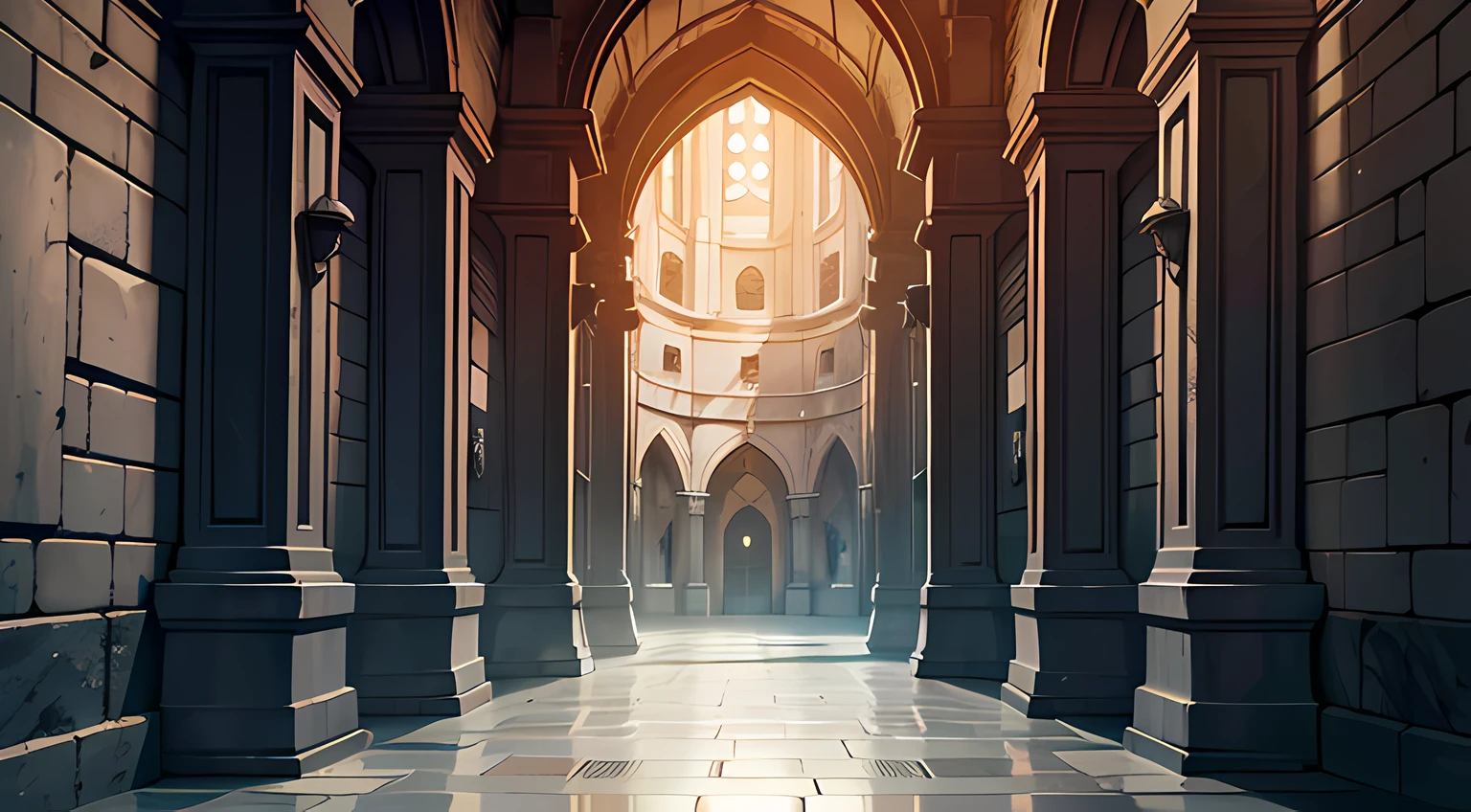center, symmetrical, Echoing Halls of Whispers: In the echoing corridor of a medieval fortress, the profound depth of its gray stone architecture seems to absorb all but the faintest sounds. Directly above, a slender shaft of white light filters down, revealing fragments of the ancient carvings and tales etched into the walls, white light, white natural light, (ultra-detailed), (best quality, 4k, 8k, highres, masterpiece:1.2), realistic.