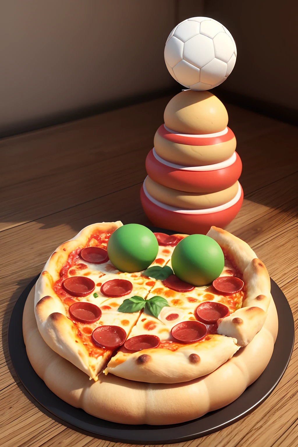 pizza em cima de uma bola, com um pesonagem 3d com um taco de baiseball