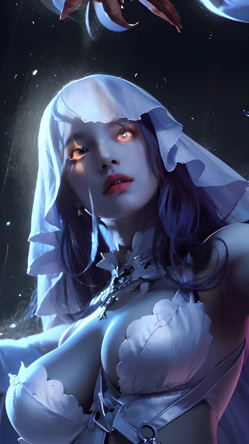 8K, Best Quality, Masterpiece, Ultra Resolution, (Realistic: 1.4), Original Photo, (Realistic Skin Texture: 1.3), (Film Grain: 1.3), (Selfie Angle), Portrait 1 bride, Long hair, Blue hair, Big Beautiful Eyes and Face Detail, Masterpiece, Best Quality, Close-up