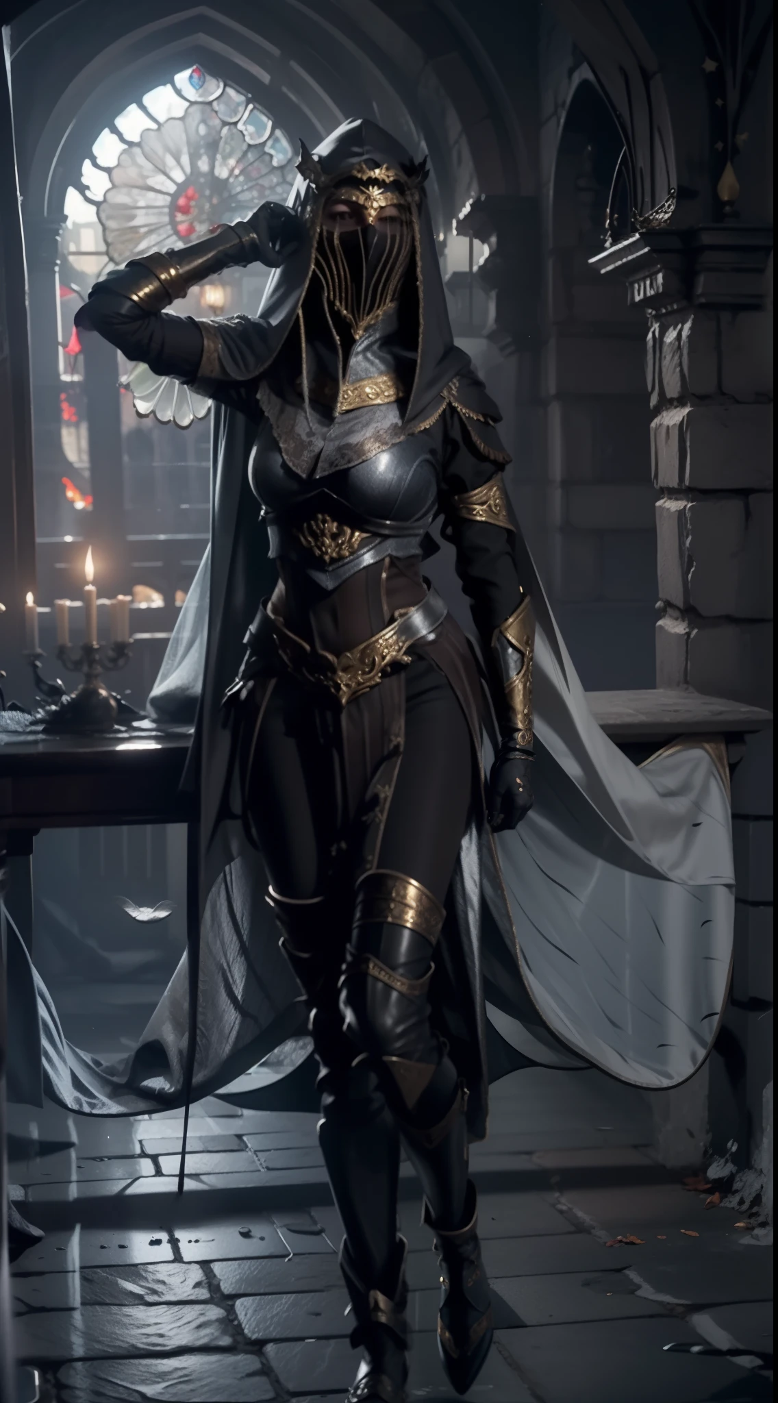 Jessica Green Gesicht, winged, Engel, ((Full-body CGInft)), Extrem detailliertes 8k-Hintergrundbild, kompliziert, detailreich, dramatisch, episch, Blondes helles Haar, the winged Albin queen wears very detailed shoulder pads made of black steel, which are modeled on the heads of dragons and are decorated with distinctive shimmering silver decorations and ornaments, a dark gray cape with velvet blue lining and a large hood, die tief in die anmutige, finsteres Gesicht, nur die Blauen Augen leuchten unter der Kapuze hervor, Es hat ein extrem detailliertes Grau/white feathered angel wings on the back, Rahmung sie schimmernd und anmutig , wahnsinnig realistischen Grafiken, wahnsinnig detaillierten Details, Ultrarealistisches und sehr detailliertes schwarzes, langes, figure-hugging royal dress, das bis zum Boden reicht, the long sleeves are decorated with shiny silver embellishments and pronounced gold embroidery and white lace on the hem and neckline of the dress, Extrem detaillierte, schwere schwarze Lederstiefel mit markanten silber schimmernden Verzierungen und Verzierungen, das Licht wird von den Verzierungen reflektiert, sie geht anmutig den Gang des Schlosses entlang, during the leisurely walk through the gloomy cathedral, Lichtkegel scheinen durch die hohen Fenster des Doms, auf ihrem Kleid, a blue rose blossom protrudes from her chest,