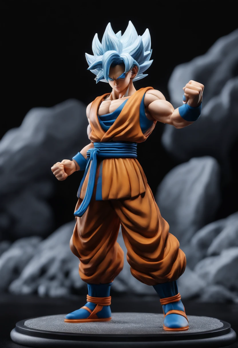 Goku, super saiyan, exquisite hair, arm depiction, white and blue hair body, exquisite shoes, facial features depiction, exquisite facial features, eye depiction, exquisite hair, popmart blind box, clay texture, stepping on the ground, black and white background, natural light, best quality, ultra detail, 3d art, c4d, oc renderer, 3d render, 8k