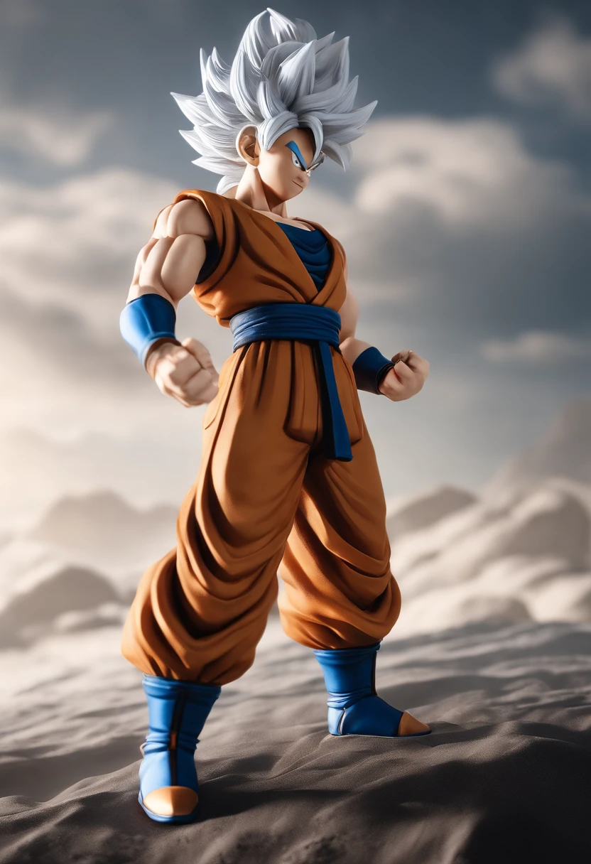 Goku, super saiyan, exquisite hair, arm depiction, white and blue hair body, exquisite shoes, eye depiction, exquisite hair, popmart blind box, clay texture, stepping on the land, black and white background, natural lighting, most good quality, super detail, 3D art, c4d, OC renderer, 3D rendering, 8k