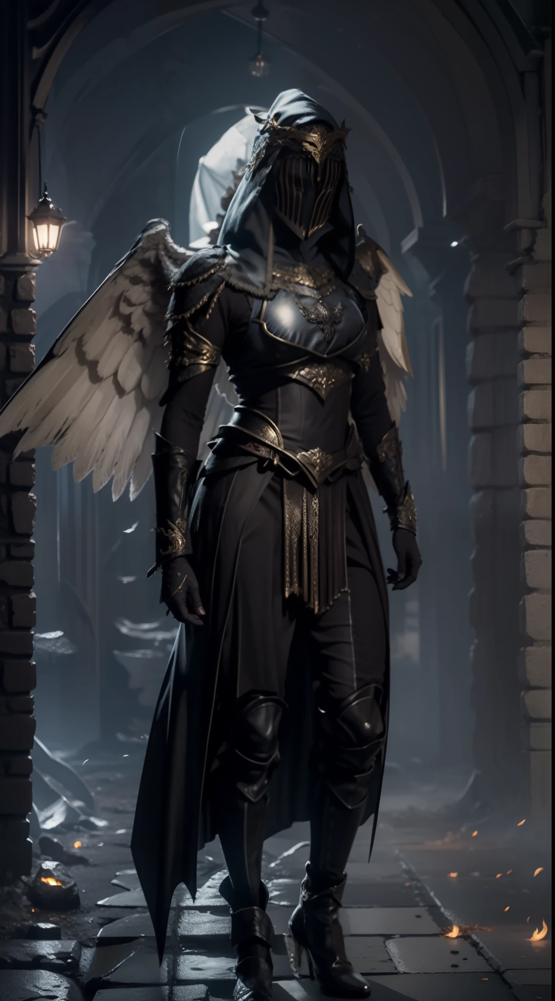 Jessica Green Gesicht, winged, Engel, ((Full-body CGInft)), Extrem detailliertes 8k-Hintergrundbild, kompliziert, detailreich, dramatisch, episch, Blondes helles Haar, the winged Albin queen wears very detailed shoulder pads made of black steel, which are modeled on the heads of dragons and are decorated with distinctive shimmering silver decorations and ornaments, a dark gray cape with velvet blue lining and a large hood, die tief in die anmutige, finsteres Gesicht, nur die Blauen Augen leuchten unter der Kapuze hervor, Es hat ein extrem detailliertes Grau/white feathered angel wings on the back, Rahmung sie schimmernd und anmutig , wahnsinnig realistischen Grafiken, wahnsinnig detaillierten Details, Ultrarealistisches und sehr detailliertes schwarzes, langes, figure-hugging royal dress, das bis zum Boden reicht, the long sleeves are decorated with shiny silver embellishments and pronounced gold embroidery and white lace on the hem and neckline of the dress, Extrem detaillierte, schwere schwarze Lederstiefel mit markanten silber schimmernden Verzierungen und Verzierungen, das Licht wird von den Verzierungen reflektiert, sie geht anmutig den Gang des Schlosses entlang, during the leisurely walk through the gloomy cathedral, Lichtkegel scheinen durch die hohen Fenster des Doms, auf ihrem Kleid, a blue rose blossom protrudes from her chest,