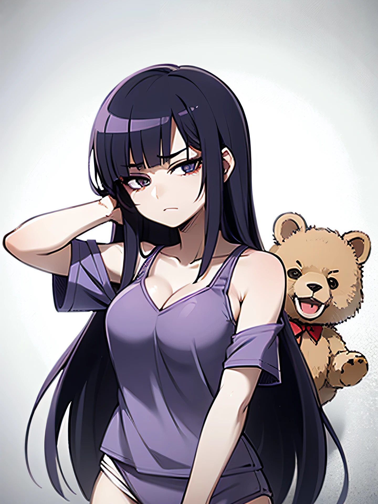 A sexy Japanese girl with shoulder-length hair and dark circles under her left eye.. Good shape, blue-black-purple hair., Mystical personality, wearing pajamas., Show cleavage with a bear pattern on the shirt on a white background.. His face looked sleepy, like he had just woken up..