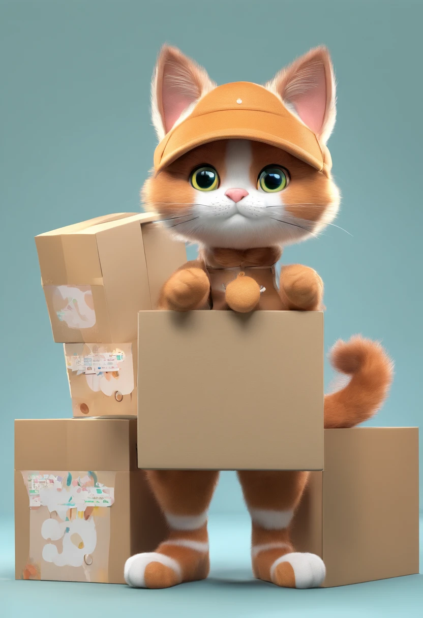 Gato fofo de olhos grandes, gatinho, gato fofo fofo, vestido com roupas de caminhoneiro, Walking around with boxes in hand