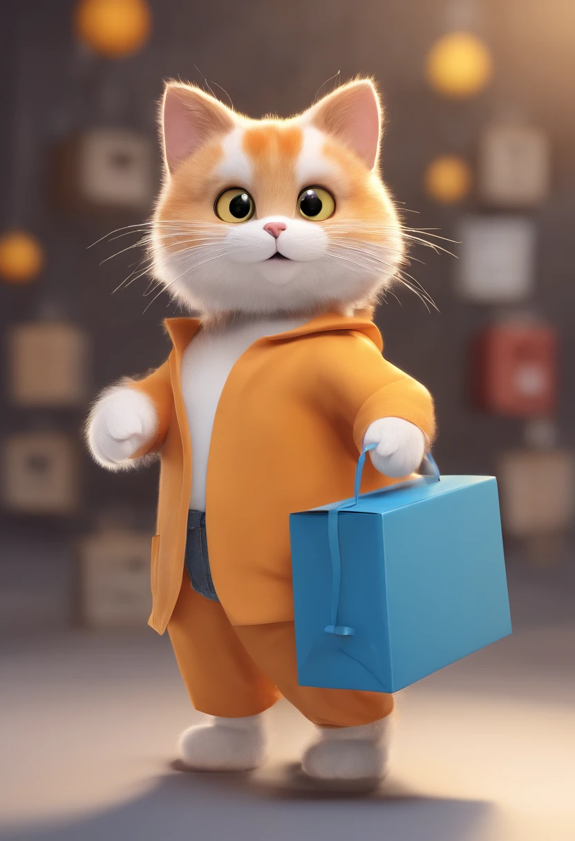 Gato fofo de olhos grandes, gatinho, gato fofo fofo, vestido com roupas de caminhoneiro, Walking around with boxes in hand