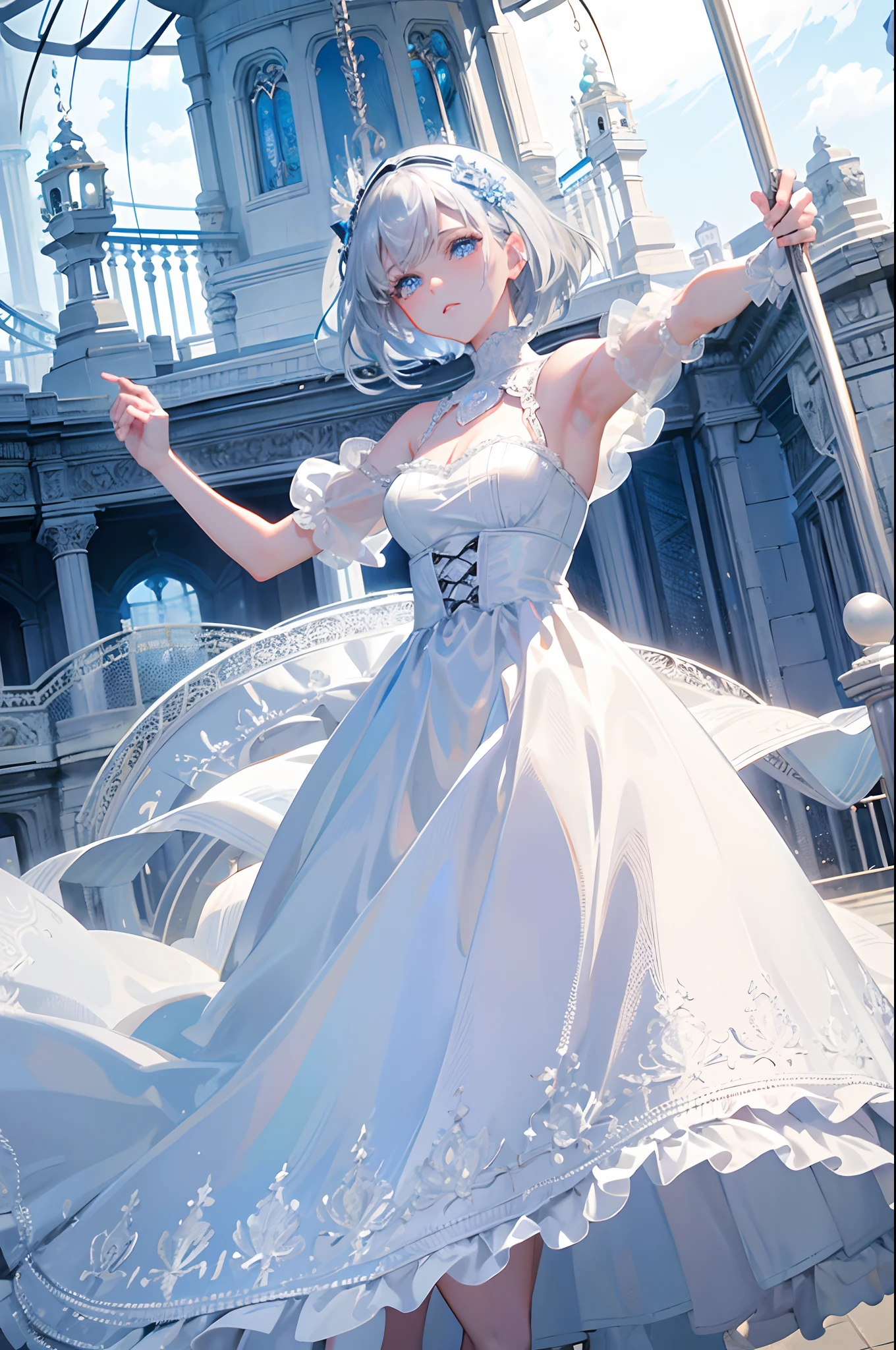 silber hair blue eyess Short hair White lace dress An amusement park Ride the merry-go-round masterpiece Top image quality Clear cinematic shadow Increased attractiveness of the eyes Clear the shine of the eyes Draw eyelashes neatly Perfect Eye A detailed eye Sharpen image quality Sharpen eye writing Clear eye shape