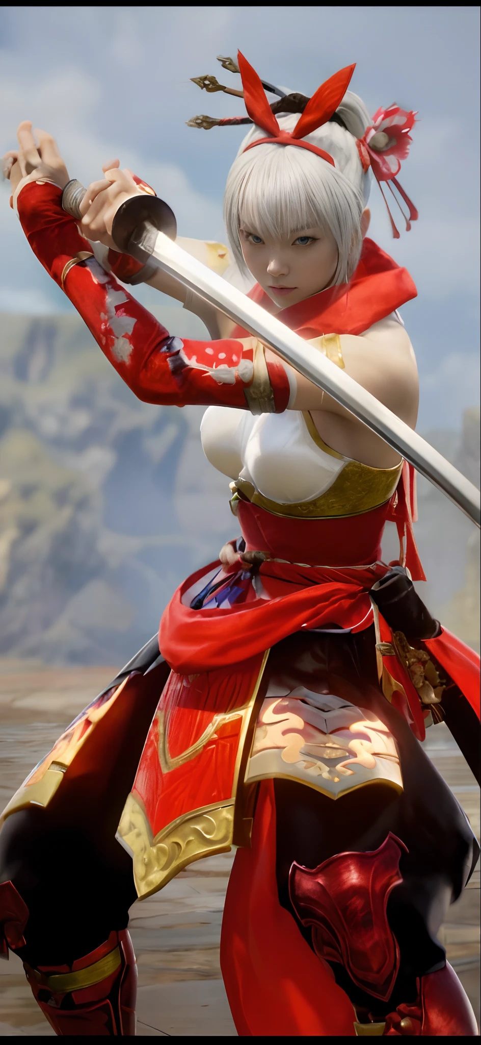 a beautiful Japanese woman with silver hair and light blue silver eyes in a red outfit holding a katana sword, fighting game character, as a character in soul calibur, kitsune inspired armor, white and red clothing, dramatic wielding sword pose, samurai ninja outfit, (Extremely Detailed), (Best Illustration), (Beautiful and Detailed Eyes), (Best Quality), (Ultra Detailed), (Masterpiece ), ( wallpaper), (detailed face), solo, a attractive Japanese silver anime haired female, (realistic, photo-realistic:1.37), (insanely detailed:1.3), 8k, (masterpiece), (best quality:1.4), (ultra high res:1.2), (RAW photo:1.2), professional lighting, cinematic realism
