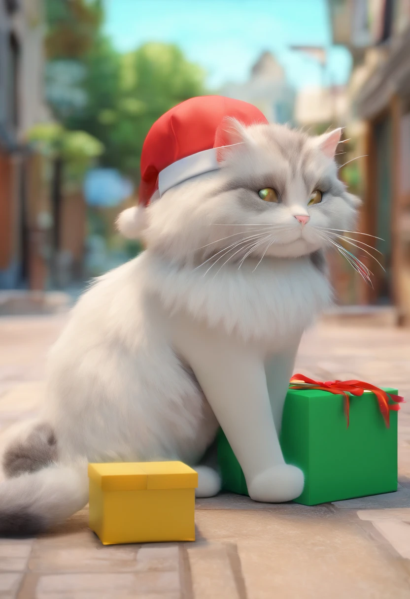 Gato fofo de olhos grandes, gatinho, gato fofo fofo, white fur, vestido com roupas verdes de caminhoneiro, Walking around with boxes in hand, cap on head
