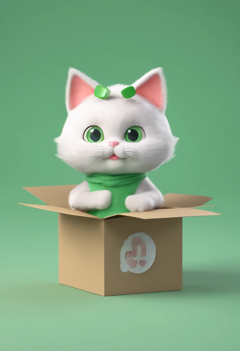 Gato fofo de olhos grandes, gatinho, gato fofo fofo, white fur, vestido com roupas verdes de caminhoneiro, Walking around with boxes in hand, cap on head