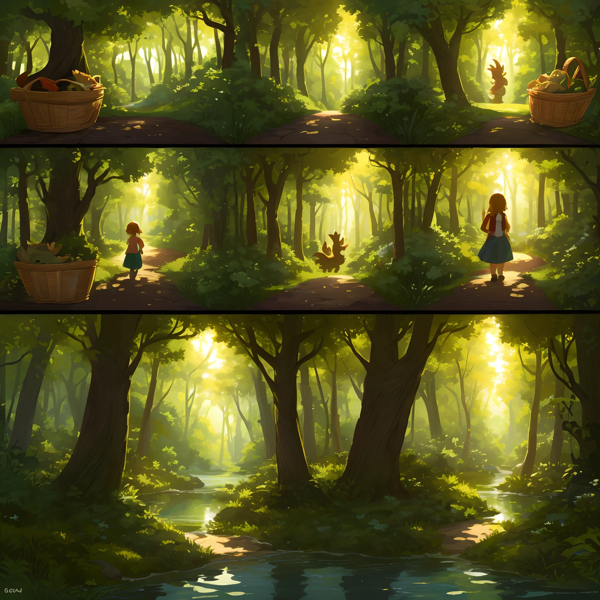 6-panel cartoon, 1. A forest with sunlight shining through, 2. A narrow path leading to the depths of the forest, 3. The back of a girl with a basket, 4. A small dragon peeking out of a beautiful lake, 5. The girl and the dragon looking at each other, 6. The girl reaching out to the dragon,