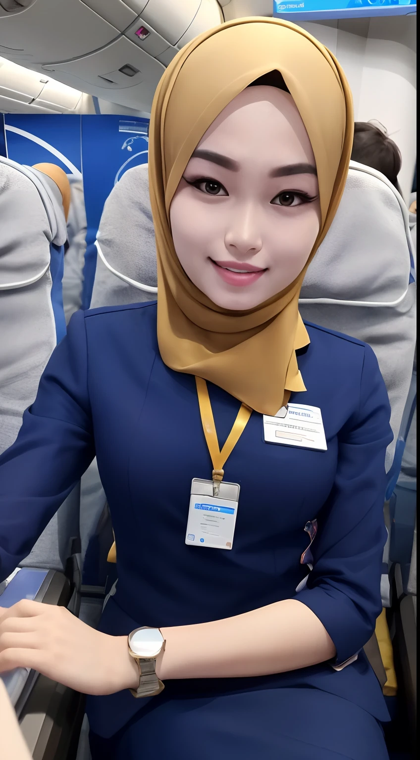 (masterpiece:1.2, best quality), 1 malay women in hijab, solo, Flight attendant, Uniform, Airplane, Serving passengers, Providing safety instructions, Responding to emergencies, bangs, (shiny skin:1.15),