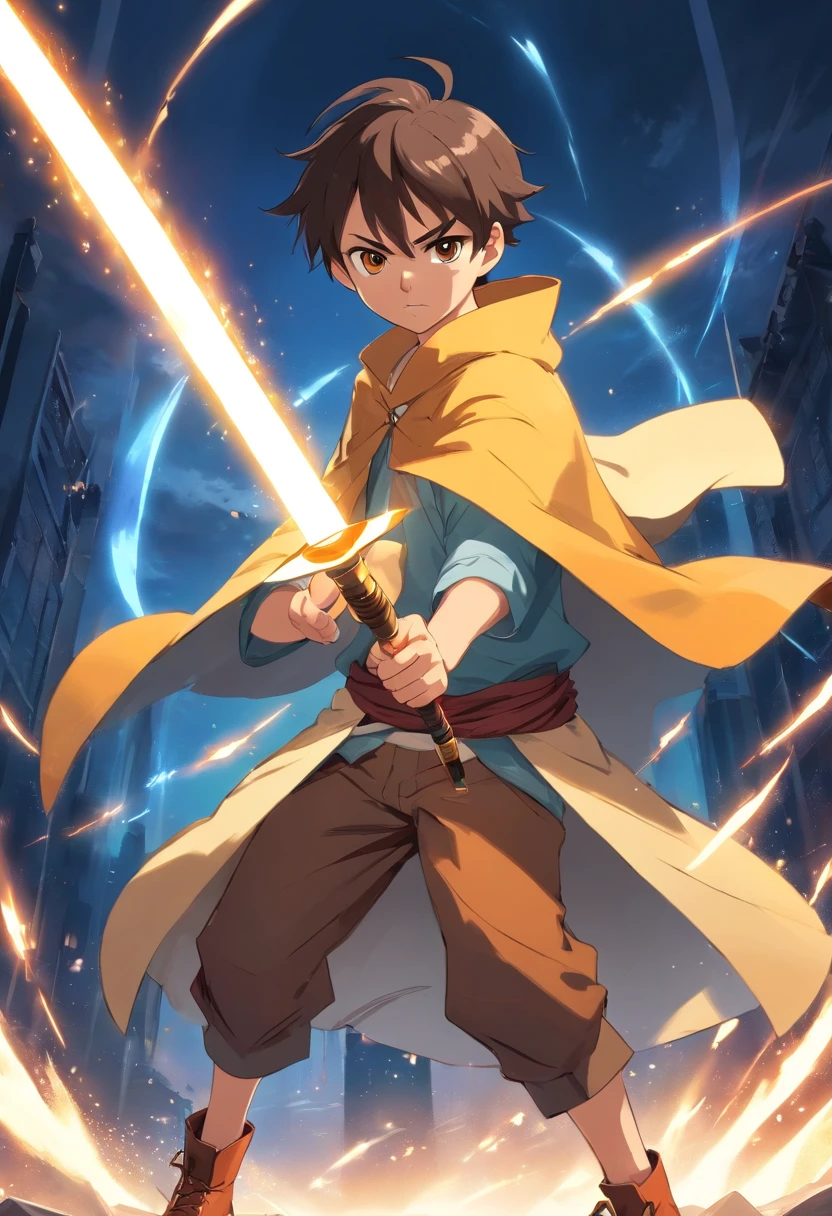masterpiece, top quality, best quality, official art, beautiful and aesthetic:1.4), (8k res, best quality, masterpiece:1.4), (looking at the viewer, cowboy shot, standing:1), 1boy, solo, ???, Aang, avatar state,(bald, no hair, glowing white arrow tattoo on head:1.2), (glowing white eyes, shining white eyes:1.3), [angry, defiant face :1.2], (Aang Attire, yellow shirt, cape, brown footwear, boots, holding, holding weapon,