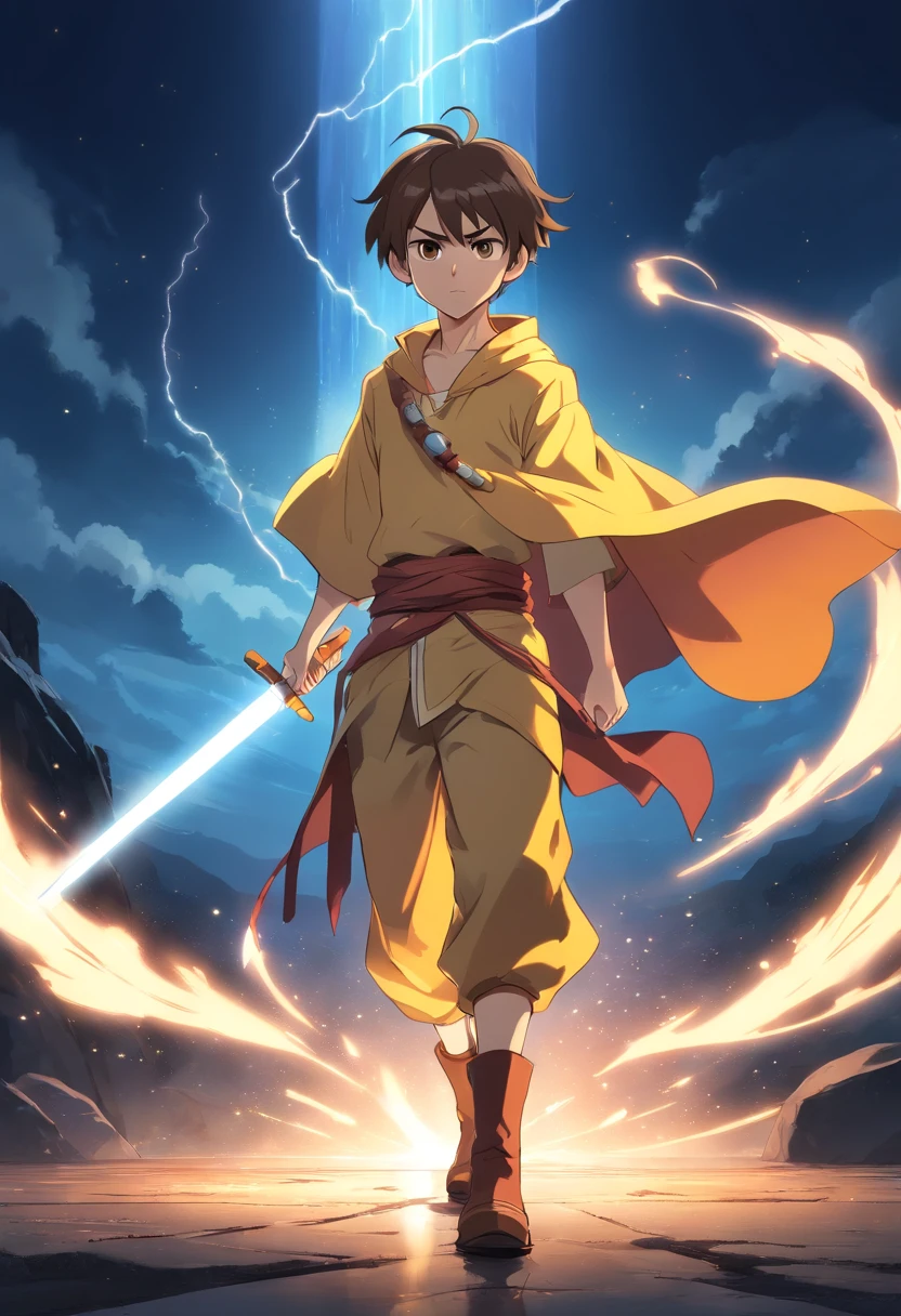 masterpiece, top quality, best quality, official art, beautiful and aesthetic:1.4), (8k res, best quality, masterpiece:1.4), (looking at the viewer, cowboy shot, standing:1), 1boy, solo, kid, Aang, avatar state,(bald, no hair, glowing white arrow tattoo on head:1.2), (glowing white eyes, shining white eyes:1.3), [angry, defiant face :1.2], (Aang Attire, yellow shirt, cape, brown footwear, boots, holding, holding weapon,