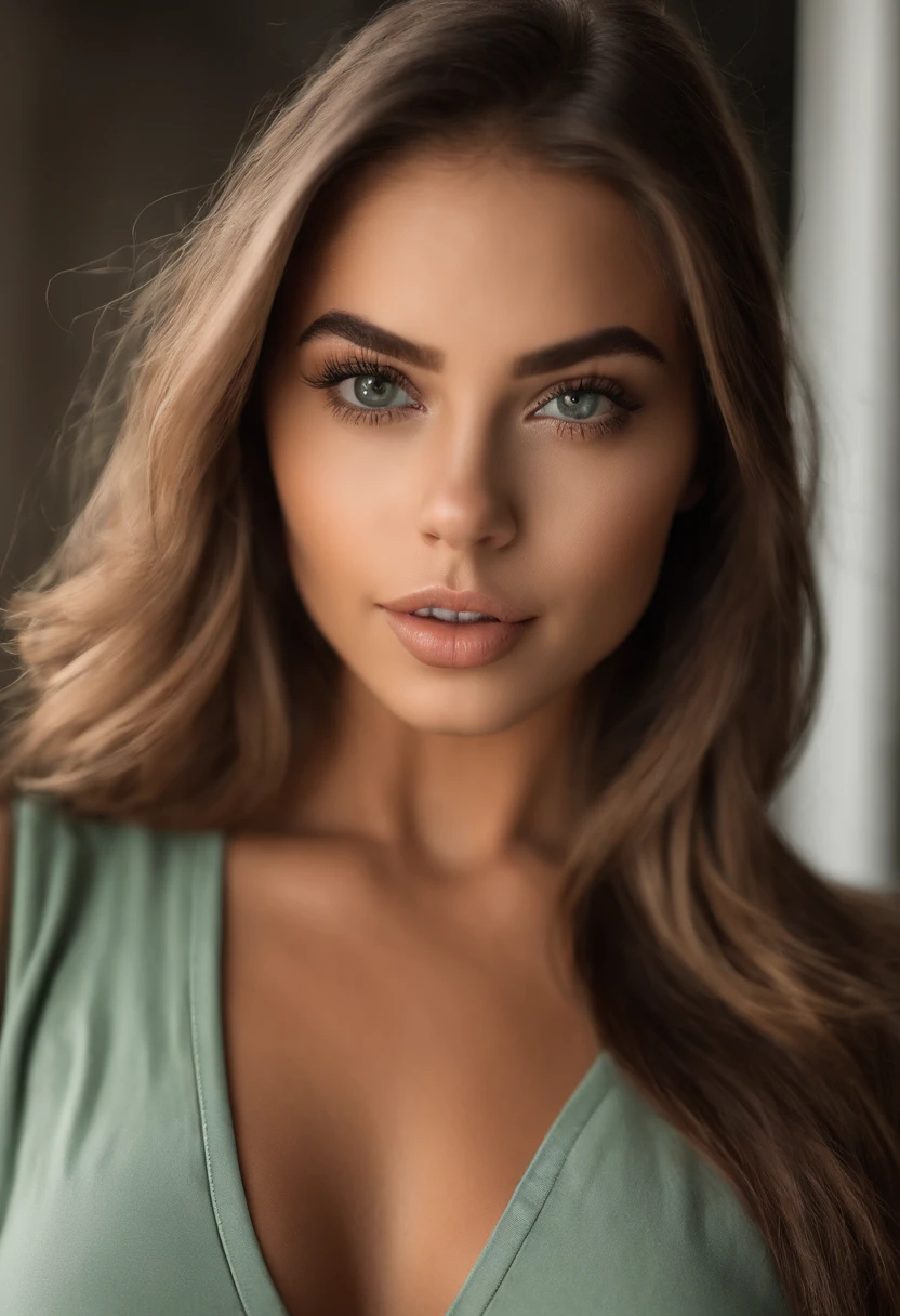 mulher arafed com uma regata branca e um colar, com olhos verdes, Retrato Sophie Mudd, cabelos castanhos e olhos grandes, selfie de uma jovem mulher, Olhos do quarto, Violeta Myers, sem maquiagem, maquiagem natural, Looking directly at the camera, Rosto com ArtGram, maquiagem sutil, Impressionante tiro de corpo inteiro, olhos verdes penetrantes
