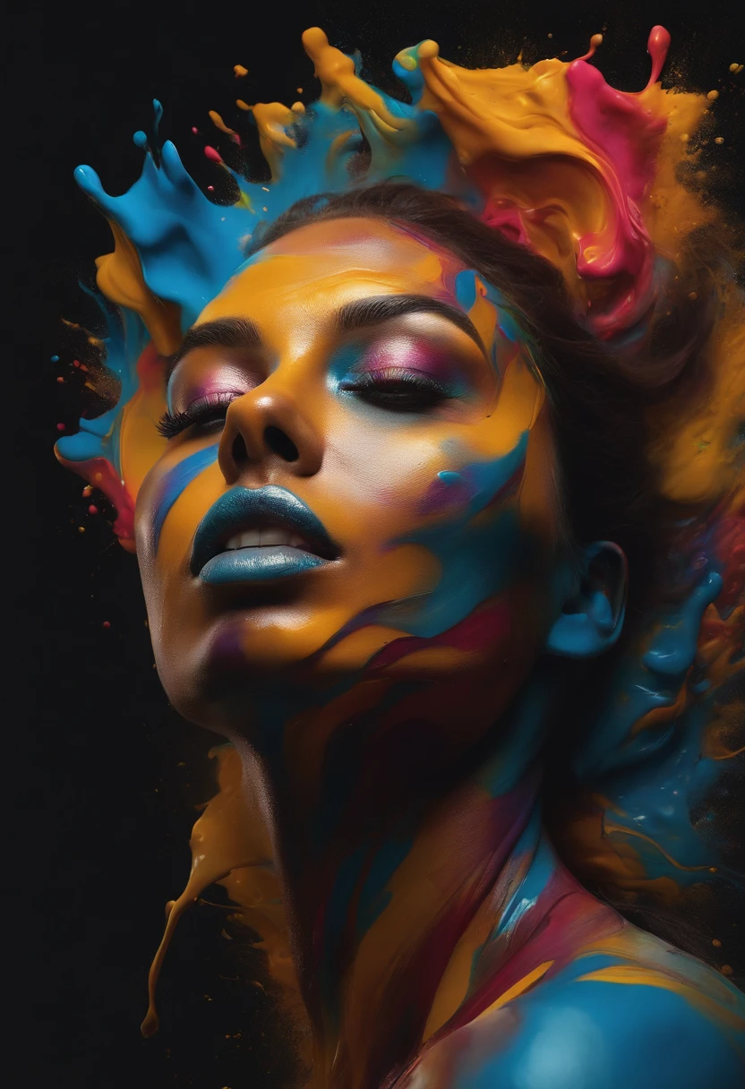 Acrylic paint pouring abstract painting, hyperrealistic portrait of a beautiful glamour woman blends out of the acrylic paint, her arms and legs are spread as to make an x with her body, in the style of Andy Warhol, reflective, intense neon light