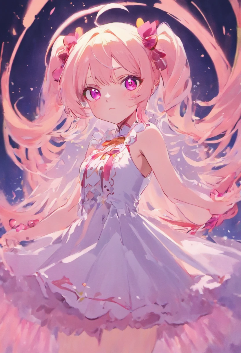 Girl, twin tail hair, white colour hair, pink eyes, white dress
