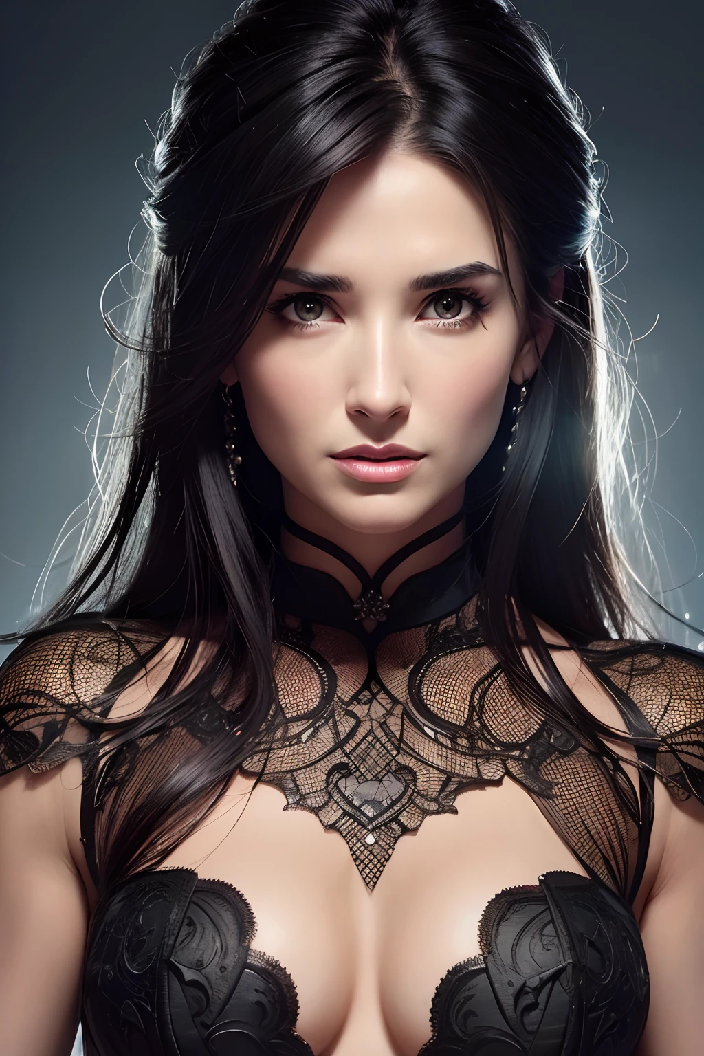demi moore, full body, Anatomically correct, best quality, ultra-detailed, 4K, cinematic lighting effects, bottom-up perspective, portrait, professional, fine art, studio lighting, vivid colors, sharp focus, realistic skin texture, beautiful detailed eyes, beautiful detailed lips, delicate facial features, flawless complexion, defined cheekbones, flowing dark hair, intense gaze, dramatic shadows, elegant pose