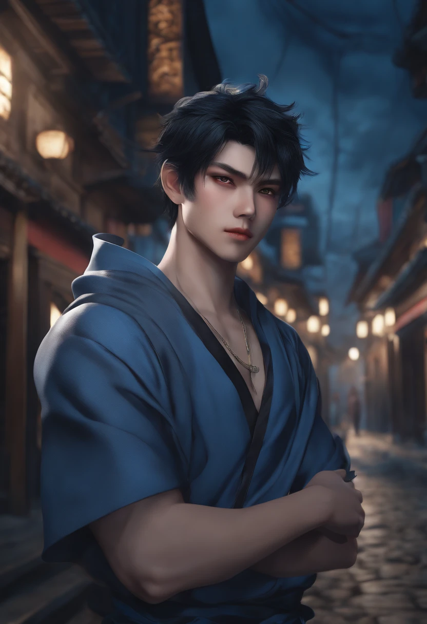 Detailed Anime Style, Masterpiece, Studio Quality, 6k, Full Body Shot, 1boy, Demon, Tusks, Teeth, Gray Eyes, Colored Skin, (Blue Colored Skin 0.9), Goth, Heavy Set, Black Hair, Detailed Background, Japenese Modern Town, Complementary Colors, Cinematic Lighting, Detailed Shading, Digital Texture Painting