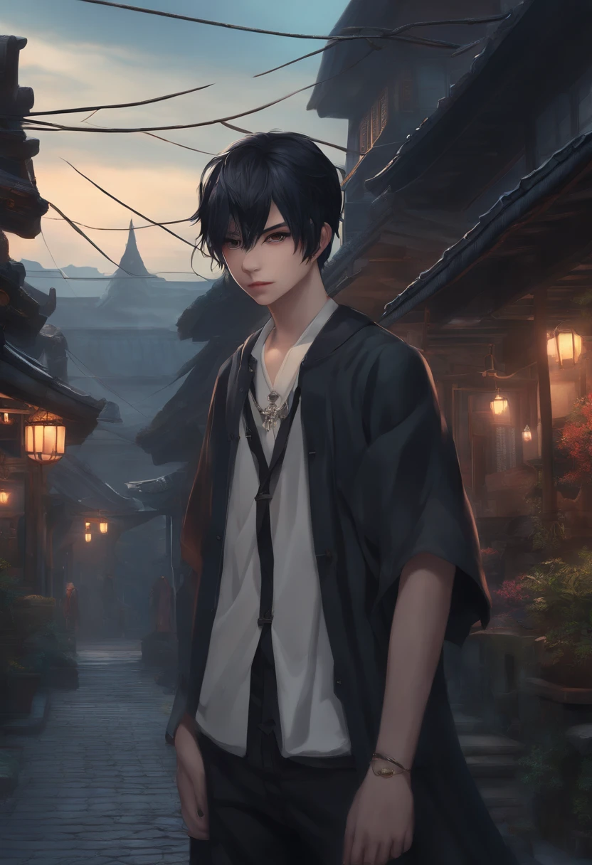 Detailed Anime Style, Masterpiece, Studio Quality, 6k, Full Body Shot, 1boy, Demon, Tusks, Teeth, Gray Eyes, Colored Skin, (Blue Colored Skin 0.9), Goth, Heavy Set, Black Hair, Detailed Background, Japenese Modern Town, Complementary Colors, Cinematic Lighting, Detailed Shading, Digital Texture Painting