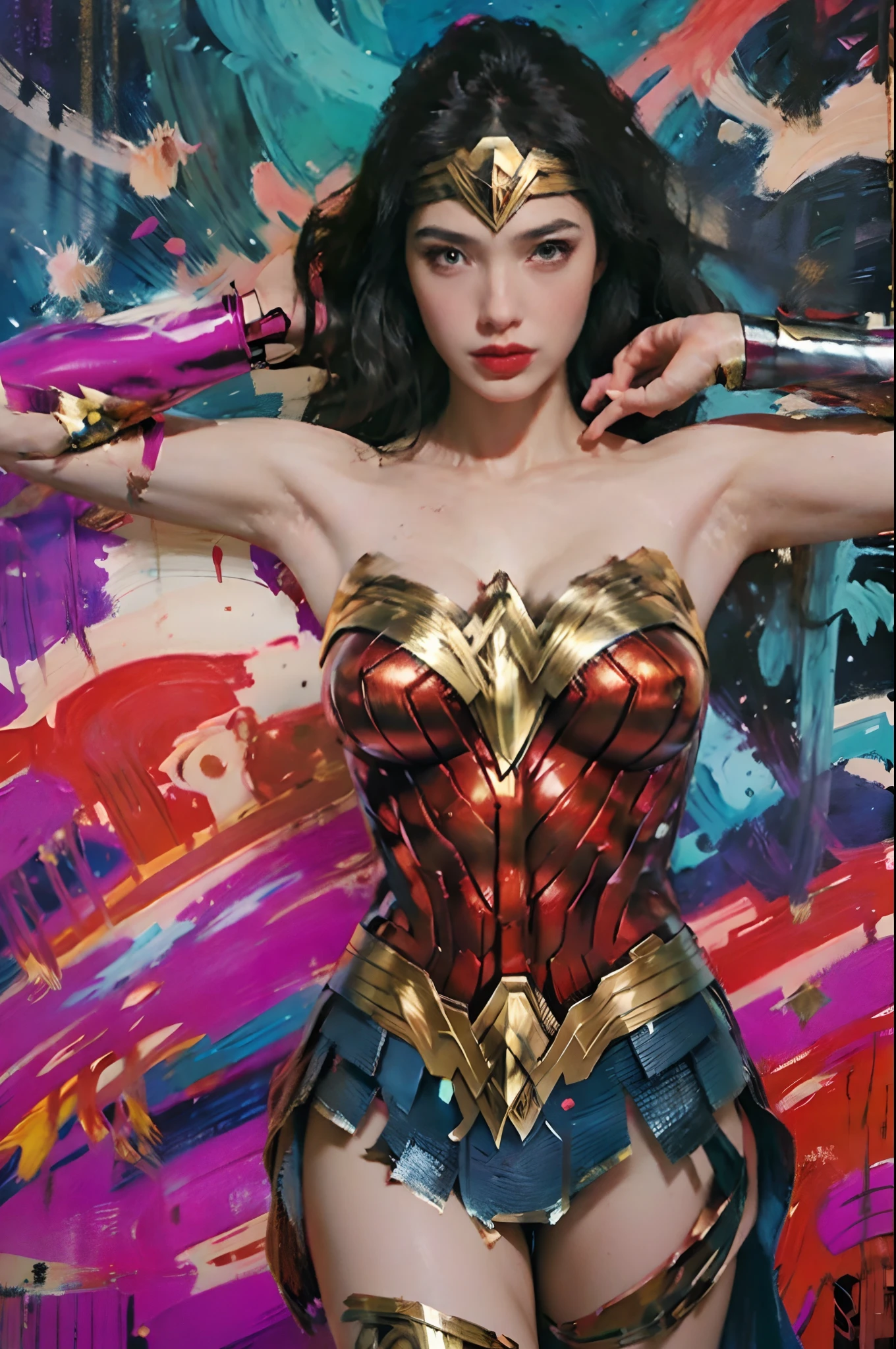 Create a painting that captures the essence of a powerful emotional sexy wonder woman. Use bold brushstrokes, vibrant colors, and abstract shapes to convey the intensity of the emotions.