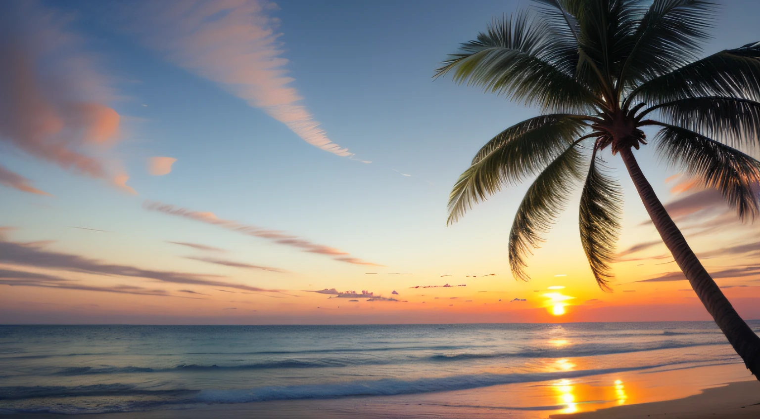 Sandy beach landscape at beautiful sunset、Palm trees、Female back view in the distance、The whole thing sparkles、