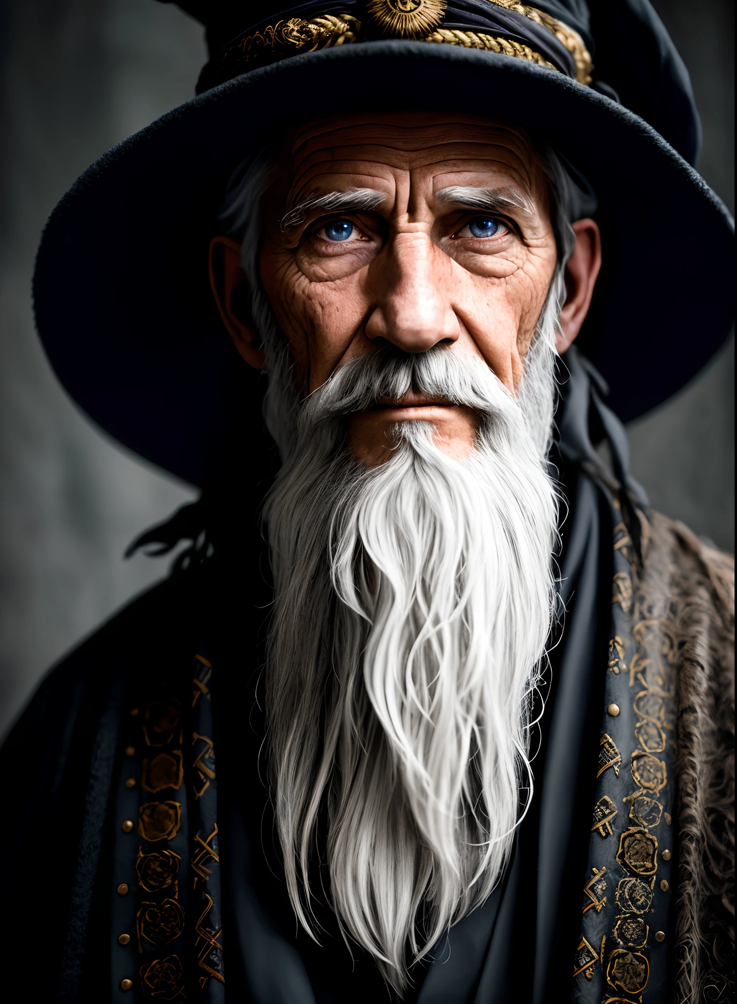 A portrait of a wizard, wise, bearded, wrinkled, aged, with piercing green eyes, detailed face, high details, photography, dark studio, rim light, Nikon D850, 50mm, f/1.4