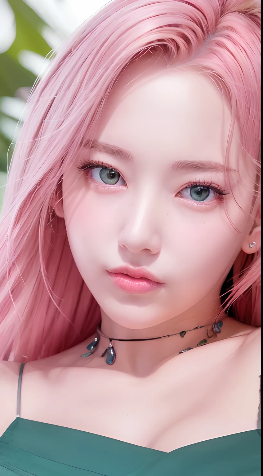 young woman, porcelain skin, bubblegum pink hair, wide forehead, pink eyebrows, big emerald green eyes, buttoned nose, thick lips, heart-shaped face, medieval clothing, Sakura Haruno, realism, realistic, 3d, town