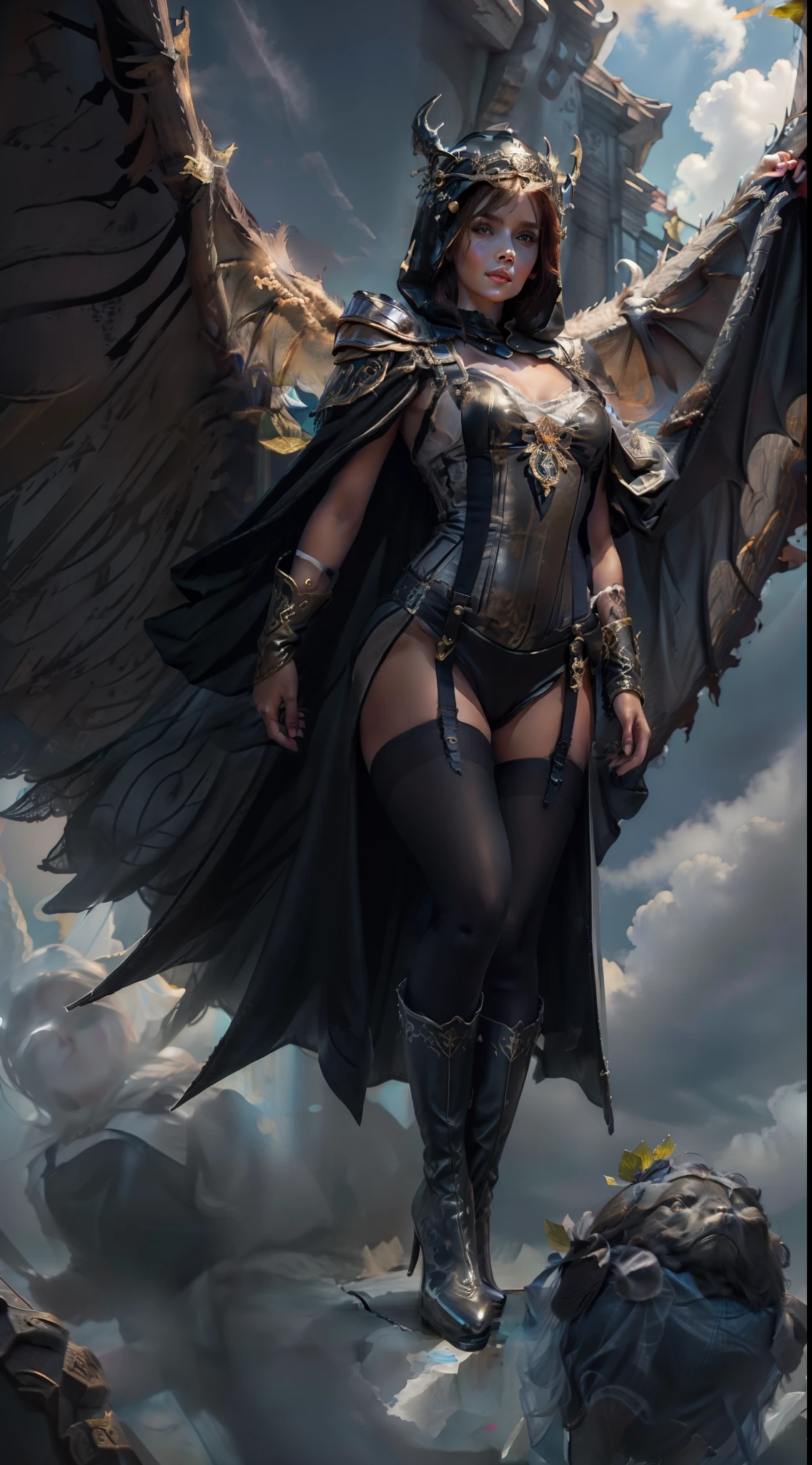winged, Engel, ((gorgeous eyes)), Engelskrieger, ((full entire body:2)),((((full-body shot)))), detailreich, episch, ((sie fliegt am Himmel unter den Wolken)), ((sprung Haltung)), voluptuous hips and thighs, Blondes helles Haar, Albin Queen wears shoulder pads made of black steel, which are modeled after the heads of dragons and decorated with shimmering silver decorations and ornaments, She wears a simple dark gray cape with blue lining and a large hood, blaue Augen, wahnsinnig realistischen Grafiken, detaillierten Details, It features an ultra-realistic and highly detailed ((long royal black dress)), She wears ((black stockings with suspenders)), She wears ((Knee-high white leather boots with heel)) mit markanten silber Ornamenten, Lichtkegel scheinen durch die Wolken auf sie herab und lassen ihre ganze Gestalt erstrahlen, Auf der Brust, A blue rose blossom sticks out of her dress,