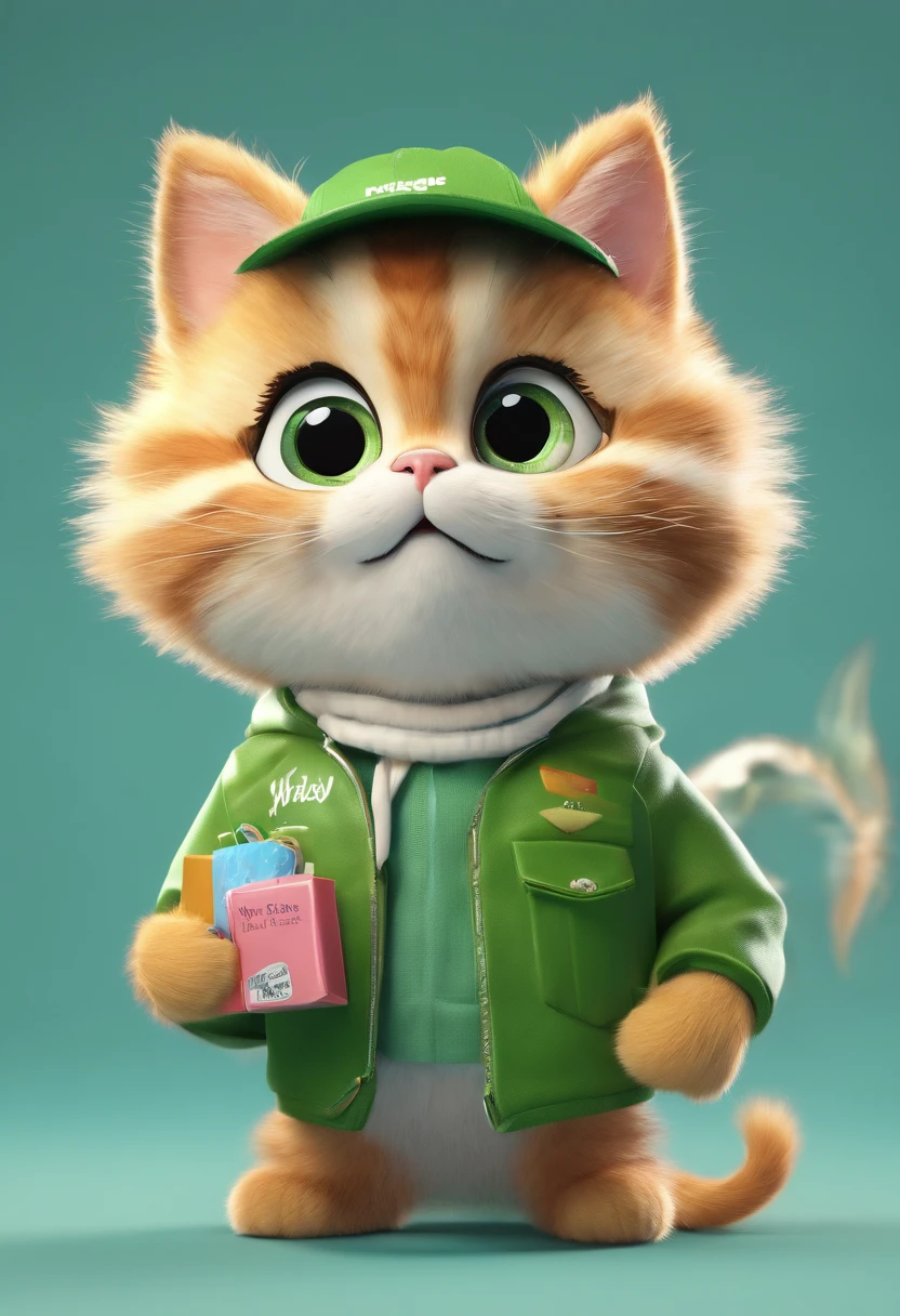 (best quality,4k,8k,highres,masterpiece:1.2), ultra-detailed, realistic:1.37,
big-eyed cute cat, adorable kitten, fluffy white fur, dressed in green trucker clothes, holding boxes in hands, wearing a cap