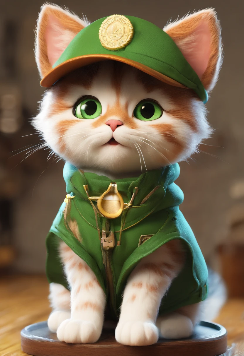 (best quality,4k,8k,highres,masterpiece:1.2), ultra-detailed, realistic:1.37,
big-eyed cute cat, adorable kitten, fluffy white fur, dressed in green trucker clothes, holding boxes in hands, wearing a cap