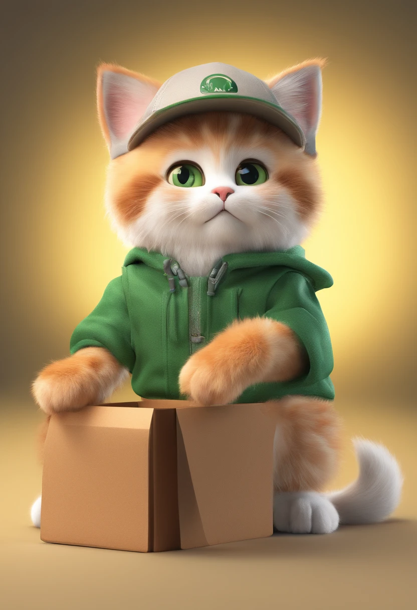 (best quality,4k,8k,highres,masterpiece:1.2), ultra-detailed, realistic:1.37,
big-eyed cute cat, adorable kitten, fluffy white fur, dressed in green trucker clothes, holding boxes in hands, wearing a cap