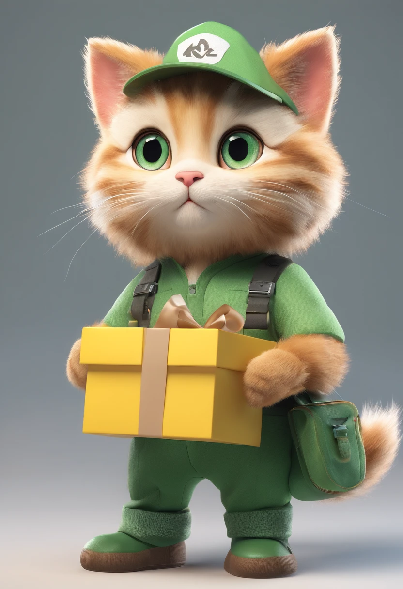 (best quality,4k,8k,highres,masterpiece:1.2), ultra-detailed, realistic:1.37,
big-eyed cute cat, adorable kitten, fluffy white fur, dressed in green trucker clothes, holding boxes in hands, wearing a cap