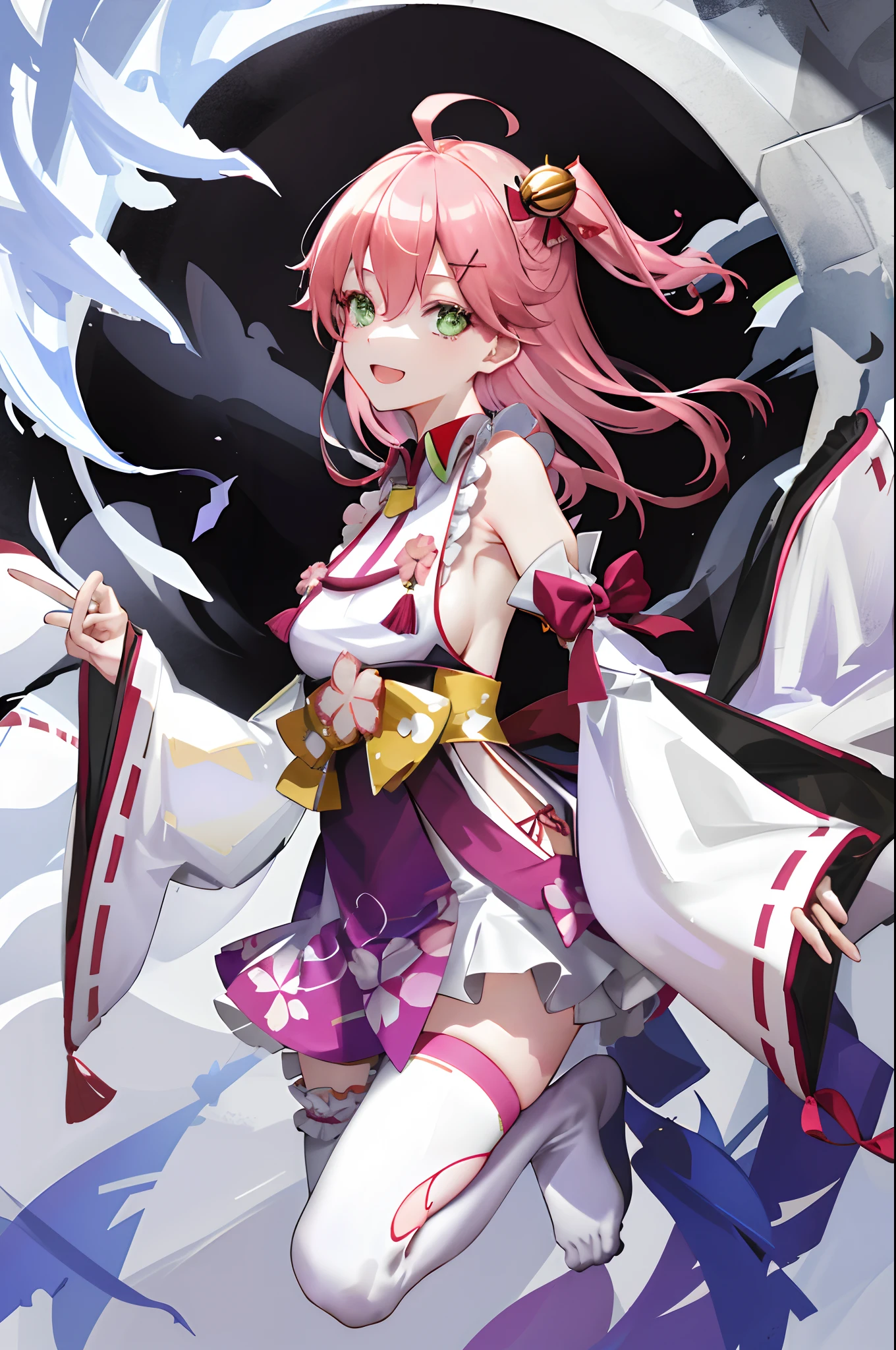 masterpiece, best quality, highres, miko1, sakura_miko, 1girl, green eyes, solo, ahoge, x_hair_ornament, pink_hair, floral print, hairclip,side_less_clothes, (sideboobs:1.4), hair_bell, floral print, long_hair, hair between eyes, one side up, white thighhighs, asymmetrical legwear, wide sleeves, open_mouth,happy,close_eyes, smile,jumping,rising_leg,plump,apart_legs,(overly_long_sleeves:1.1),(beautiful_fingers),sleeves_past_wrists,hands_hidden_sleeves